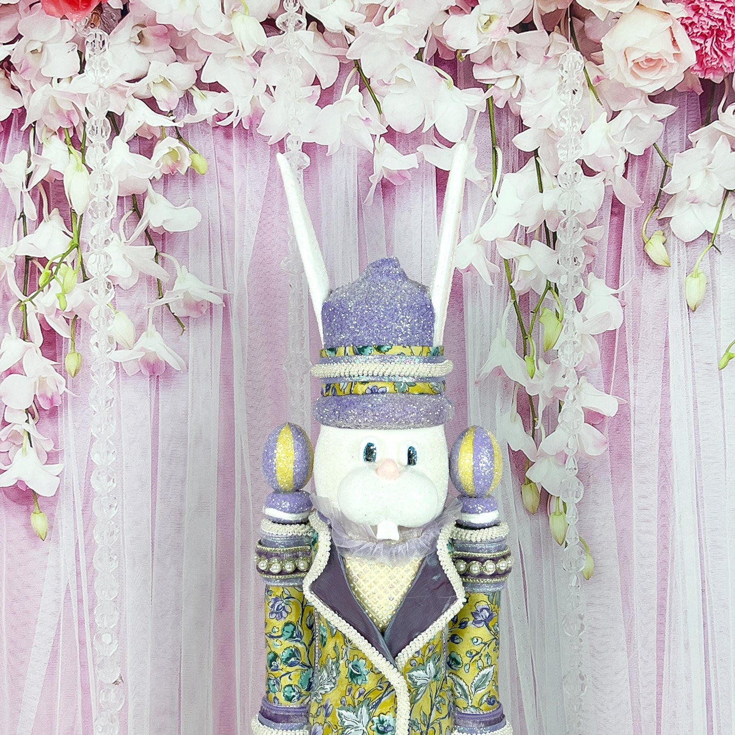 Luxury Nutcracker Bunny – Handcrafted Easter Decor with D. Stevens Ribbon & Pearl Accents, Yellow and Lavender Easter Decor, Easter Bunny