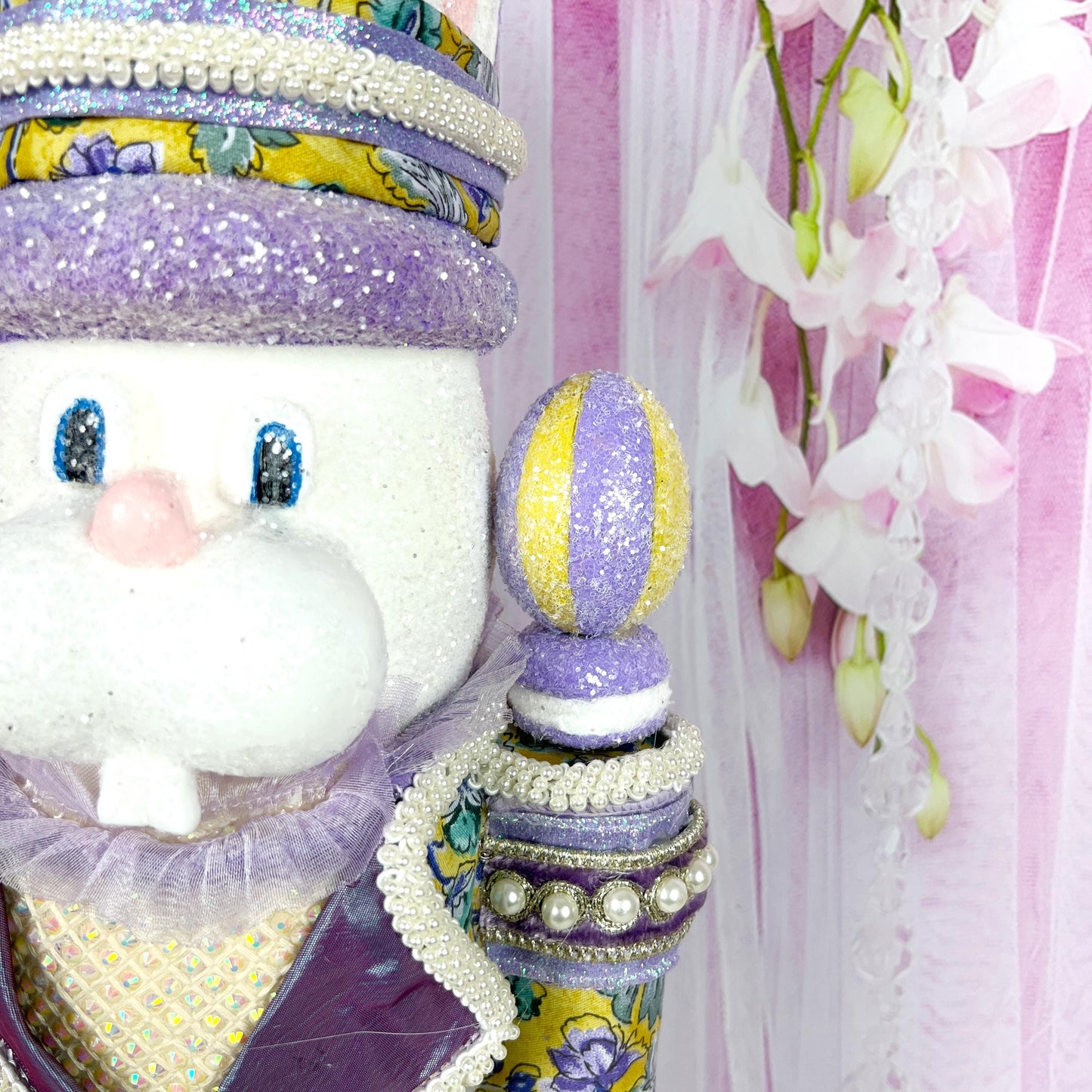 Luxury Nutcracker Bunny – Handcrafted Easter Decor with D. Stevens Ribbon & Pearl Accents, Yellow and Lavender Easter Decor, Easter Bunny