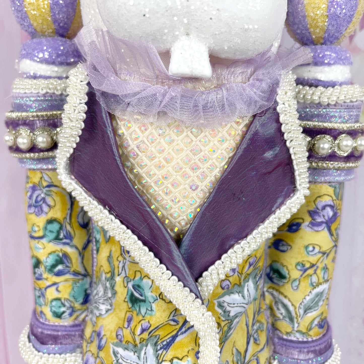 Luxury Nutcracker Bunny – Handcrafted Easter Decor with D. Stevens Ribbon & Pearl Accents, Yellow and Lavender Easter Decor, Easter Bunny