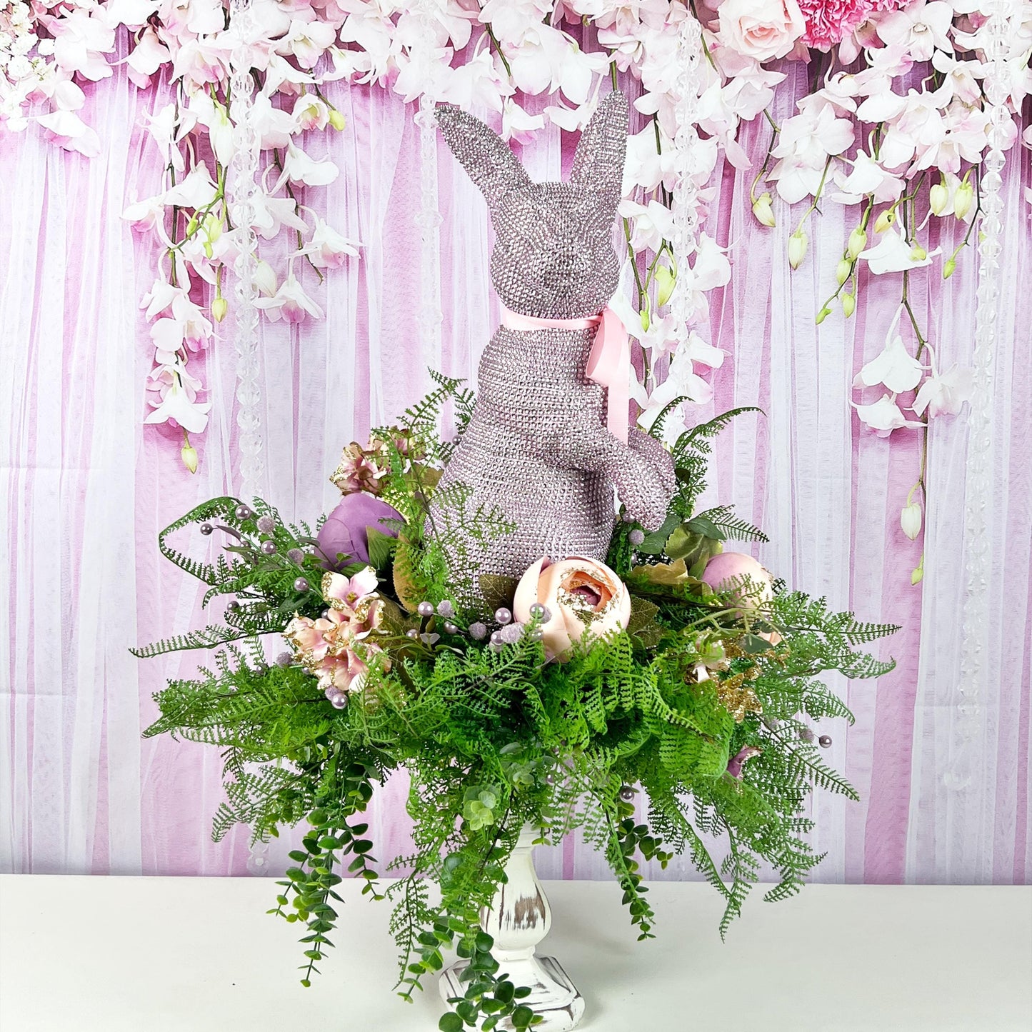 Lavender & Pink Bunny Centerpiece – Elegant Spring Floral Arrangement on Candlestick Base, Easter Decor