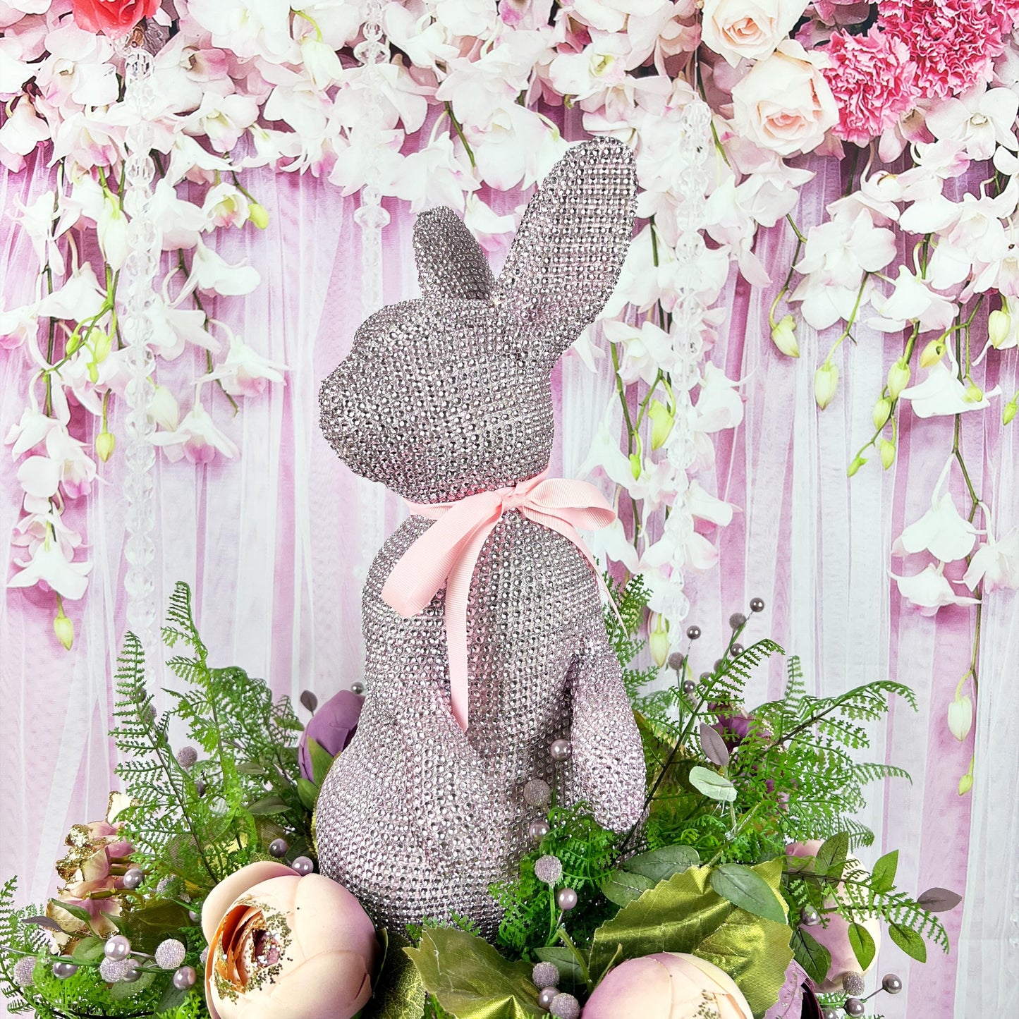 Lavender & Pink Bunny Centerpiece – Elegant Spring Floral Arrangement on Candlestick Base, Easter Decor