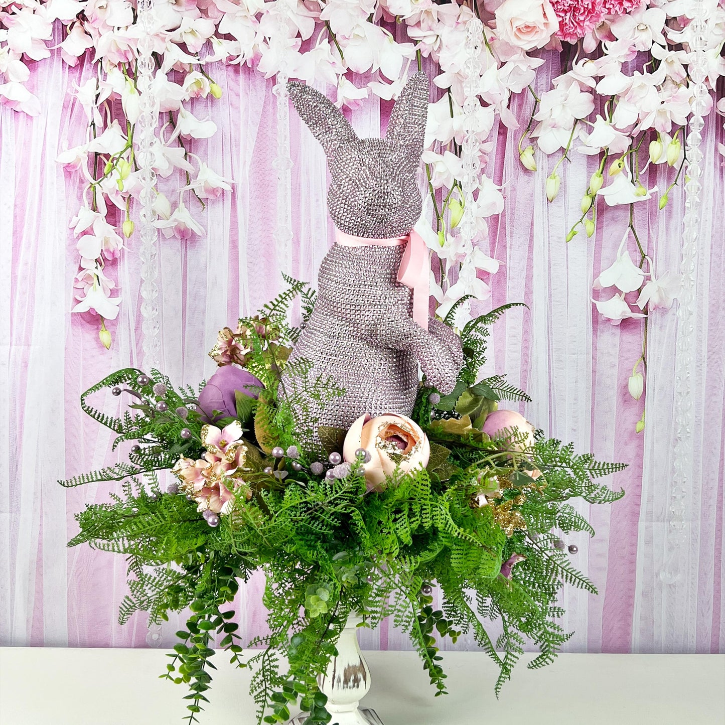 Lavender & Pink Bunny Centerpiece – Elegant Spring Floral Arrangement on Candlestick Base, Easter Decor