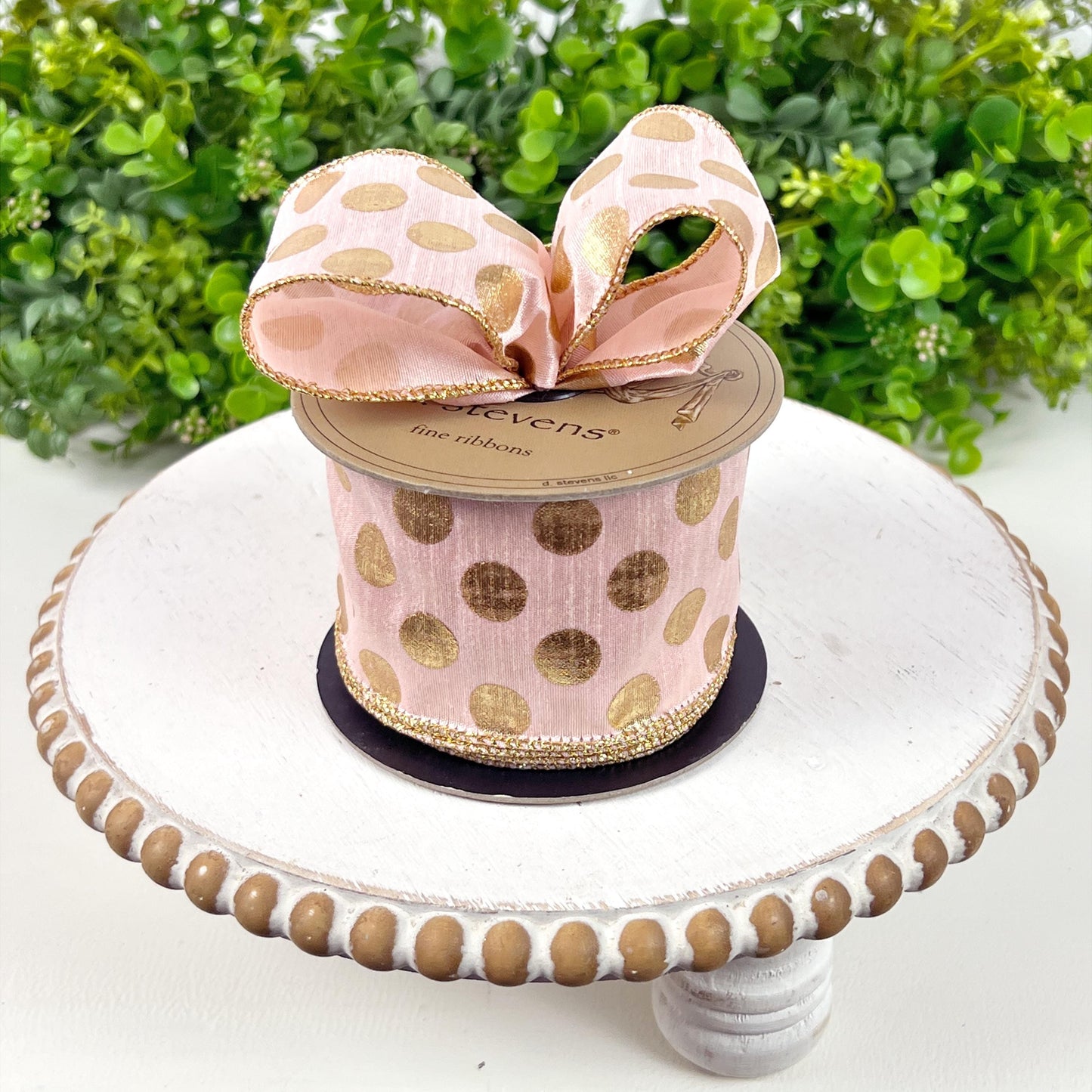 D. Stevens Gold Polka Dot Ribbon – Light Peach, Wired Metallic Spring & Summer Ribbon, Pink Polka Dot Ribbon, Easter Ribbon,