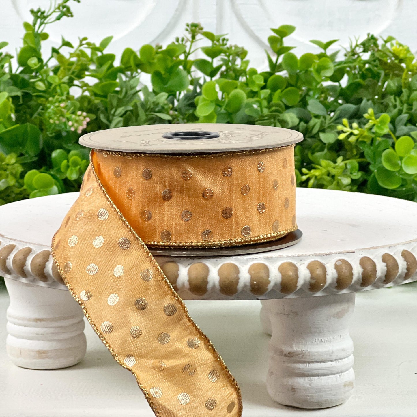 D. Stevens Gold Polka Dot Ribbon – Light Orange, Wired Metallic Spring & Summer Ribbon, Orange Polka Dot Ribbon, Easter Ribbon,