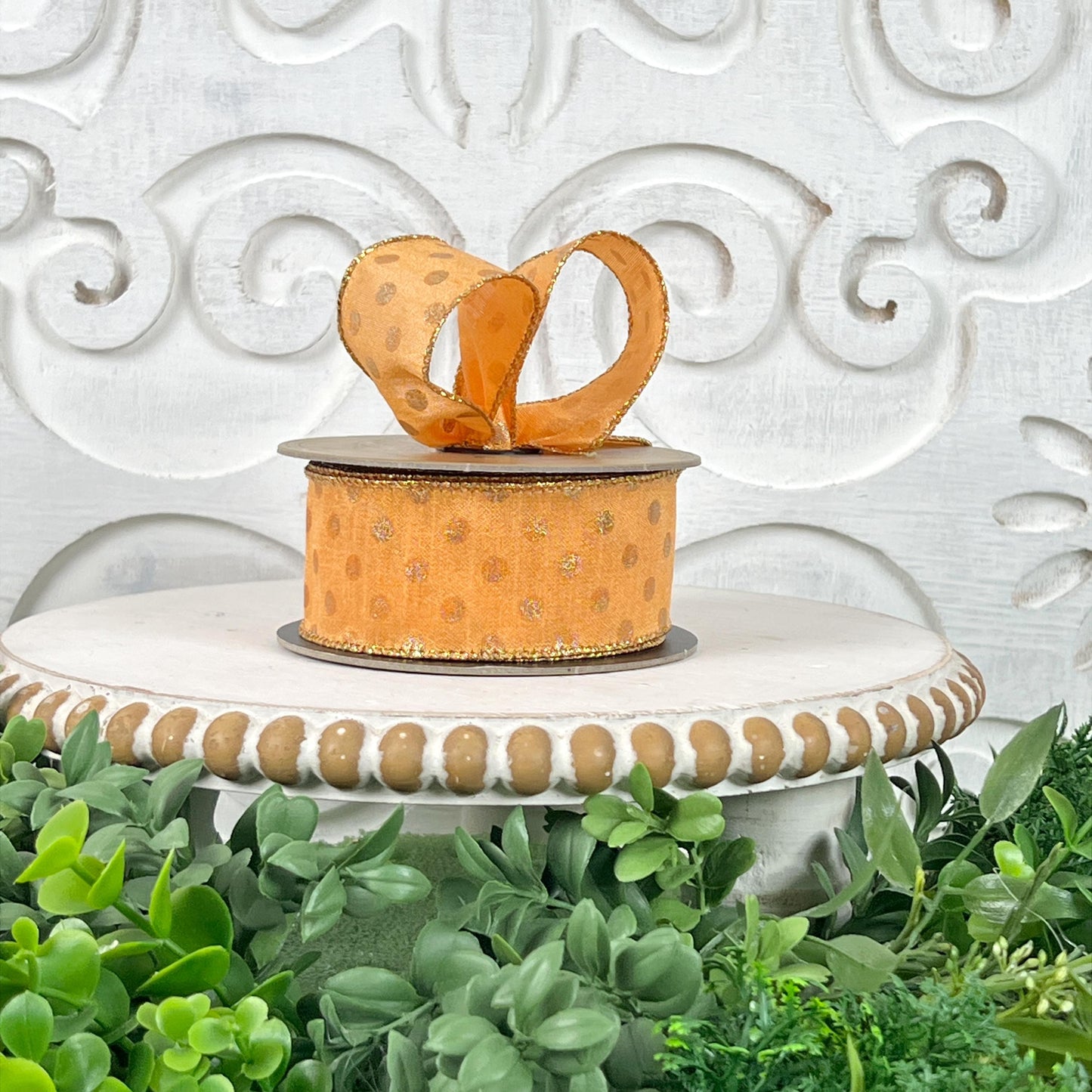 D. Stevens Gold Polka Dot Ribbon – Light Orange, Wired Metallic Spring & Summer Ribbon, Orange Polka Dot Ribbon, Easter Ribbon,
