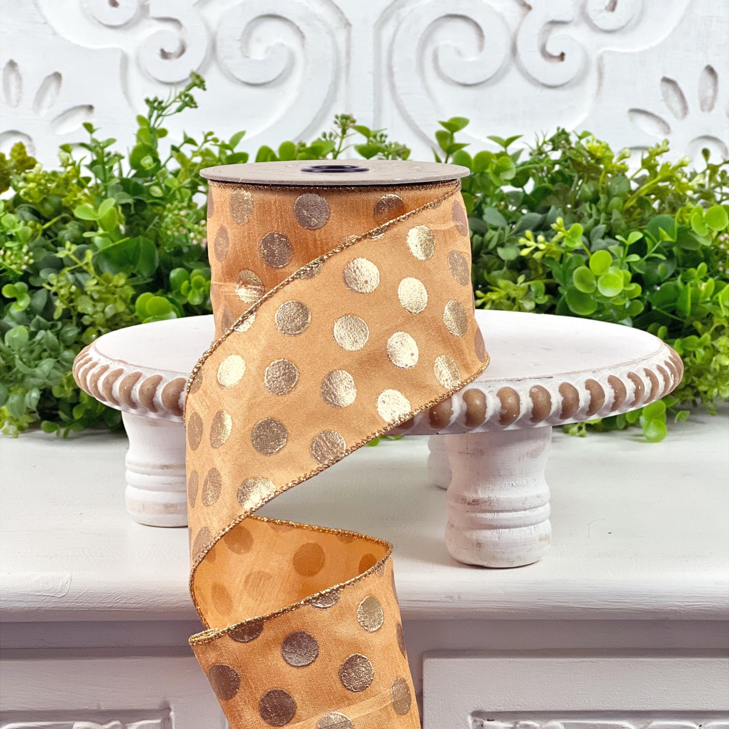 D. Stevens Gold Polka Dot Ribbon – Light Orange, Wired Metallic Spring & Summer Ribbon, Orange Polka Dot Ribbon, Easter Ribbon,