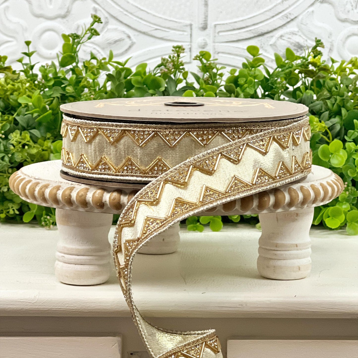 D. Stevens Gold Dupion Jewel Ribbon, Crystal Trimmed Metallic Designer Ribbon, Gold Jeweled Ribbon, Holiday & Wedding Decor