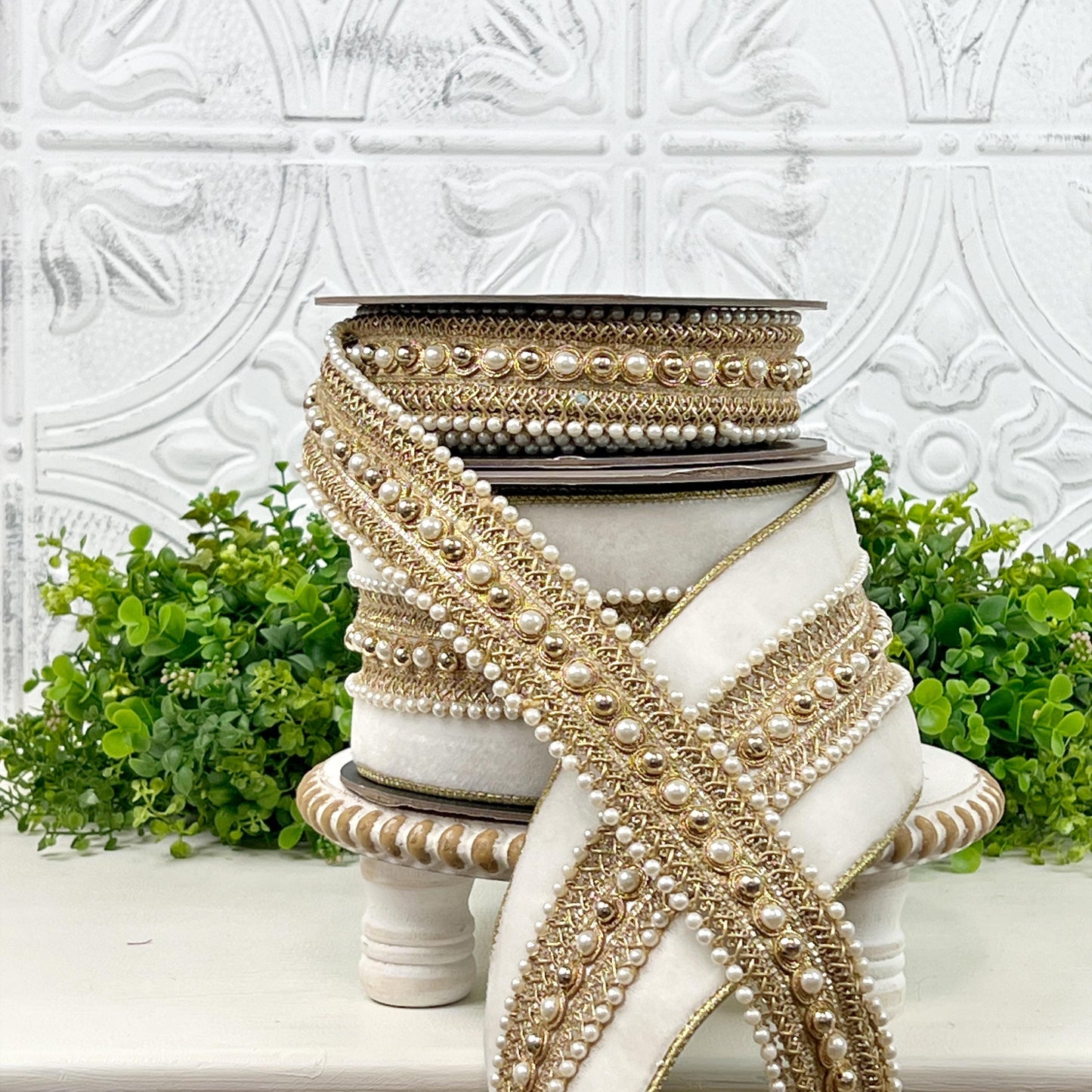 D Stevens Winer White Velvet Ribbon, Pearl Trim Ribbon, Jeweled Velvet Ribbon, Pearl Poiret Trim, Luxury Holiday, Wedding & Floral Ribbon