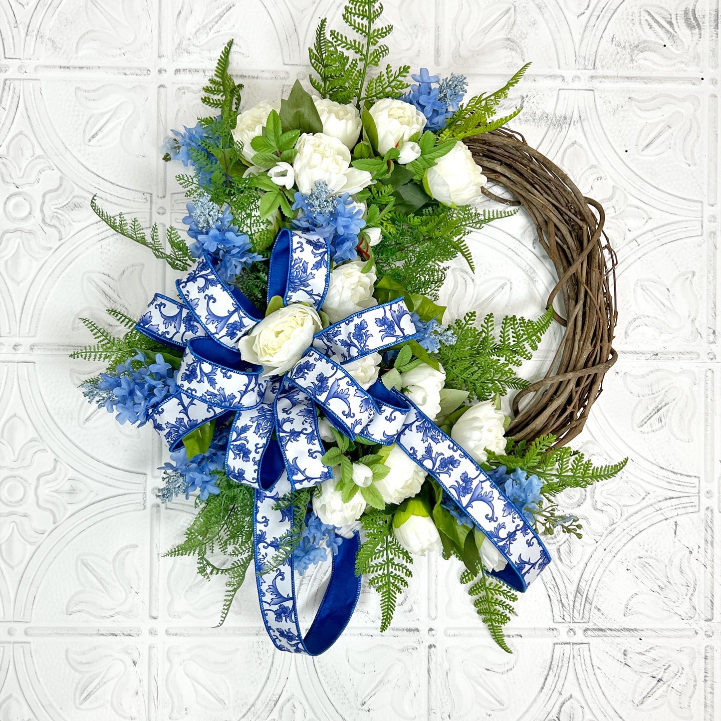 Elegant Peony and Delphinium Grapevine Wreath, Luxury Summer Wreath, Mothers Day Gift, Designer Door Decor, Chinoiserie Ribbon