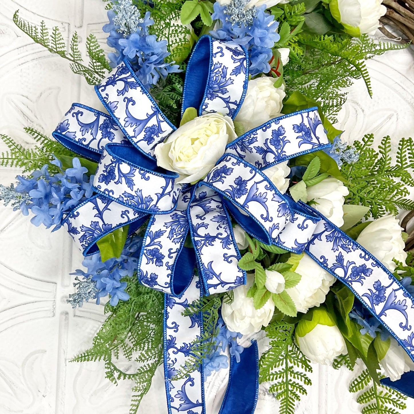 Elegant Peony and Delphinium Grapevine Wreath, Luxury Summer Wreath, Mothers Day Gift, Designer Door Decor, Chinoiserie Ribbon