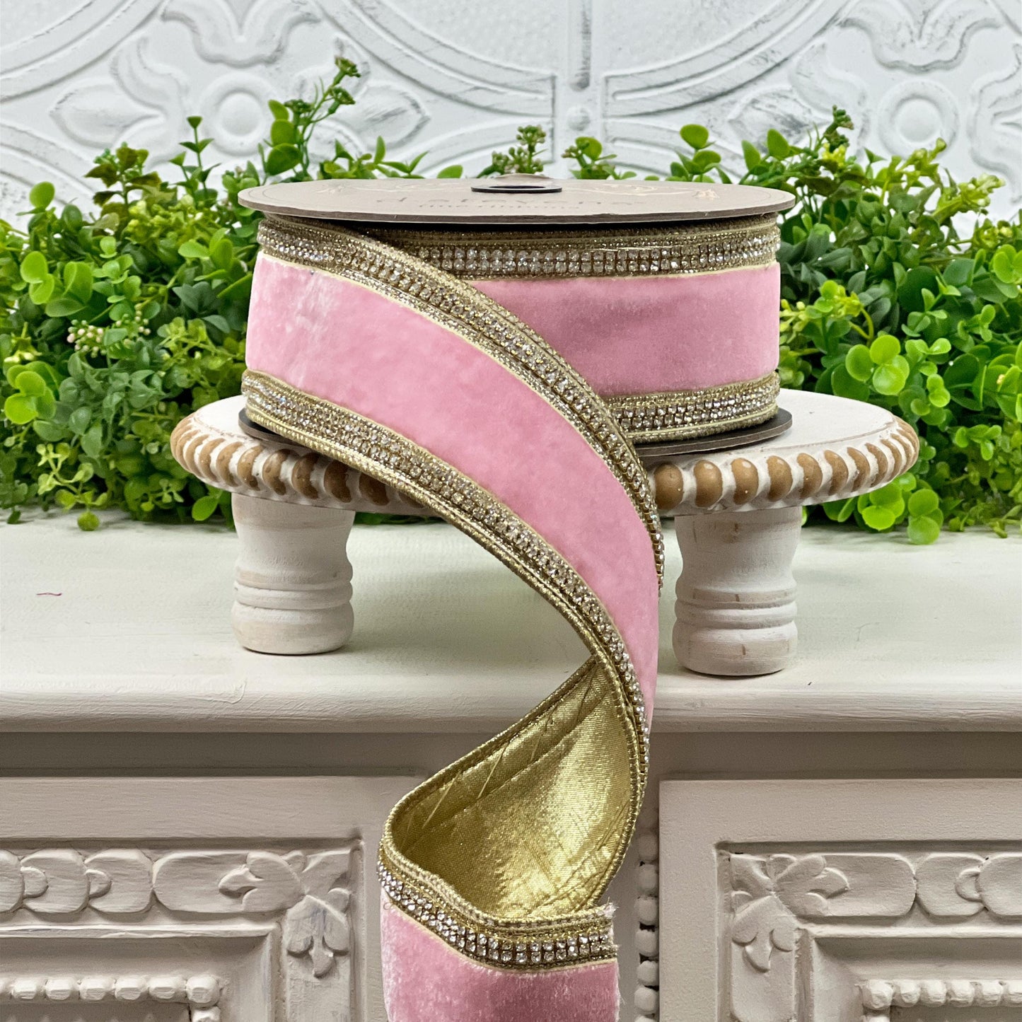D. Stevens Strawberry Pink Velvet Ribbon – Crystal Trimmed Designer Ribbon – Pink Velvet Ribbon, Jeweled Velvet Ribbon, Pink and Gold Ribbon