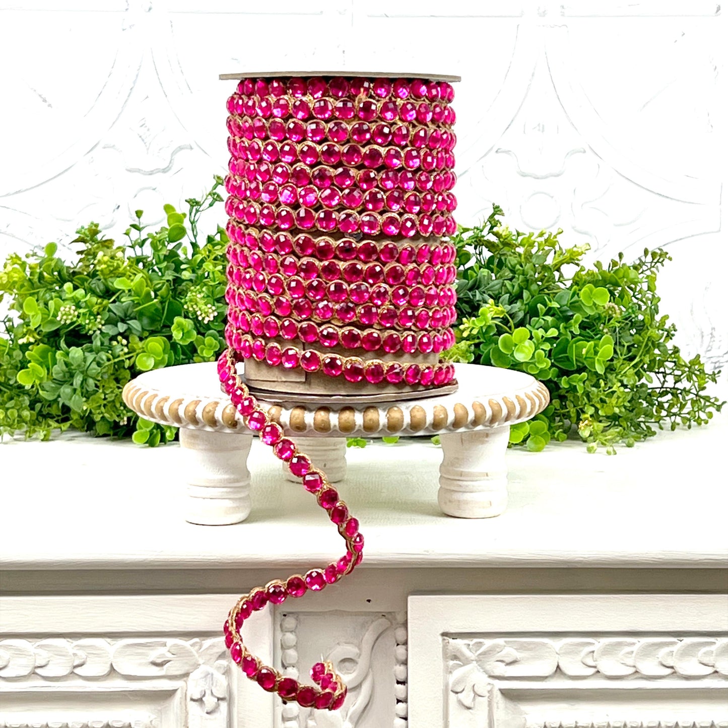 D. Stevens Crown Jewel Ribbon in Fuchsia, Double-Sided Crystal Garland, Luxury Holiday Trim or Decor, Pink Jeweled Ribbon, Jeweled Garland