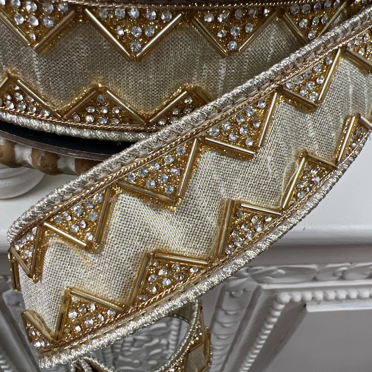 D. Stevens Gold Dupion Jewel Ribbon, Crystal Trimmed Metallic Designer Ribbon, Gold Jeweled Ribbon, Holiday & Wedding Decor