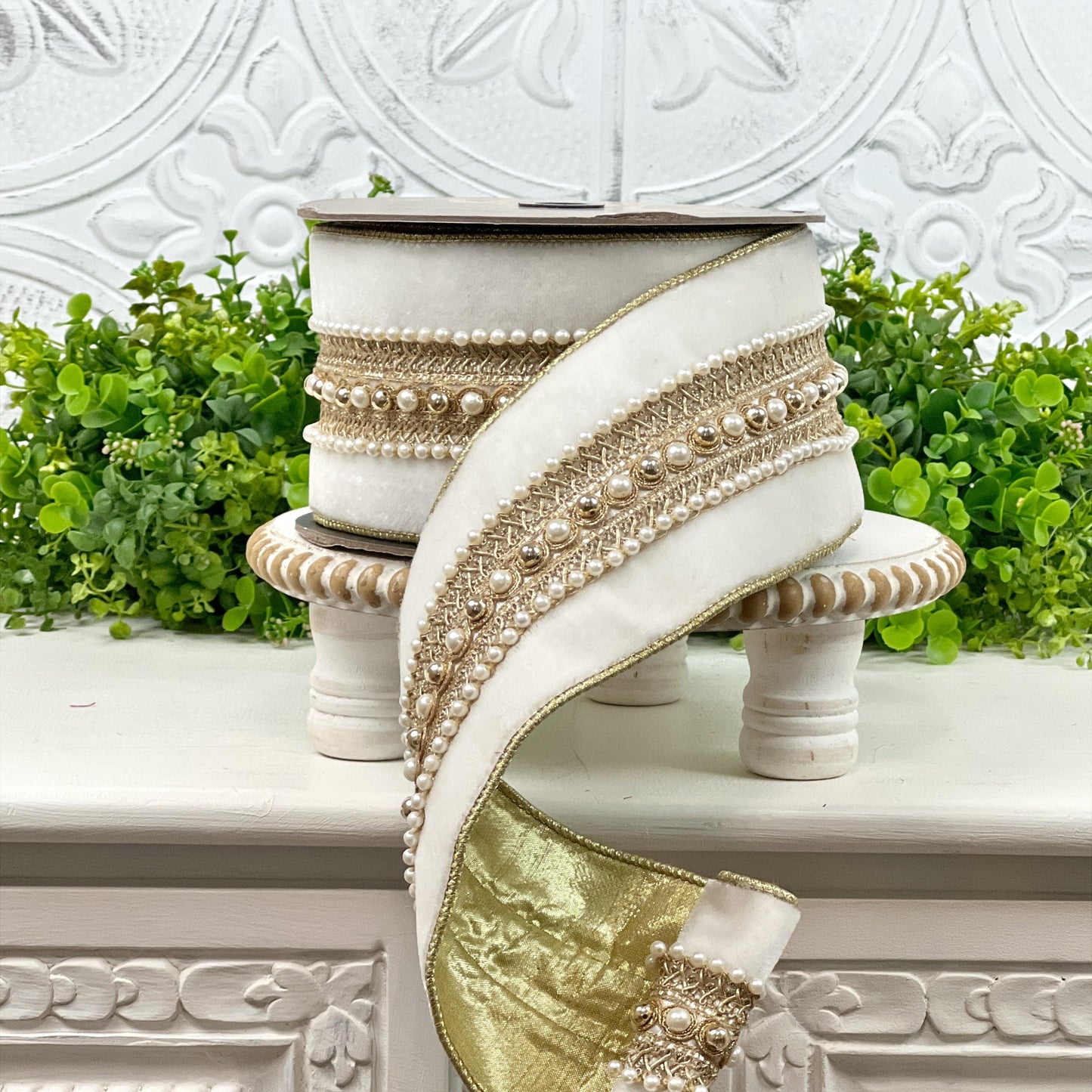 D Stevens Winer White Velvet Ribbon, Pearl Trim Ribbon, Jeweled Velvet Ribbon, Pearl Poiret Trim, Luxury Holiday, Wedding & Floral Ribbon