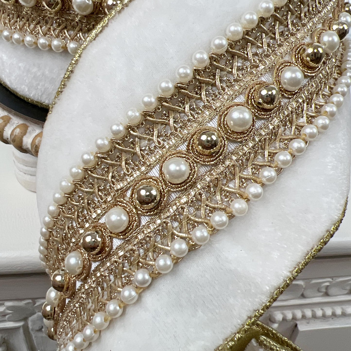 D Stevens Winer White Velvet Ribbon, Pearl Trim Ribbon, Jeweled Velvet Ribbon, Pearl Poiret Trim, Luxury Holiday, Wedding & Floral Ribbon