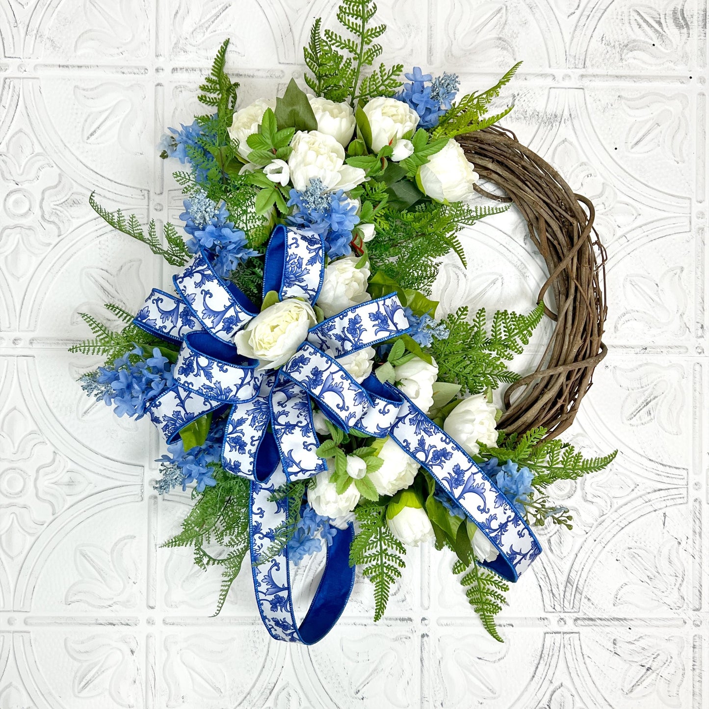 Elegant Peony and Delphinium Grapevine Wreath, Luxury Summer Wreath, Mothers Day Gift, Designer Door Decor, Chinoiserie Ribbon