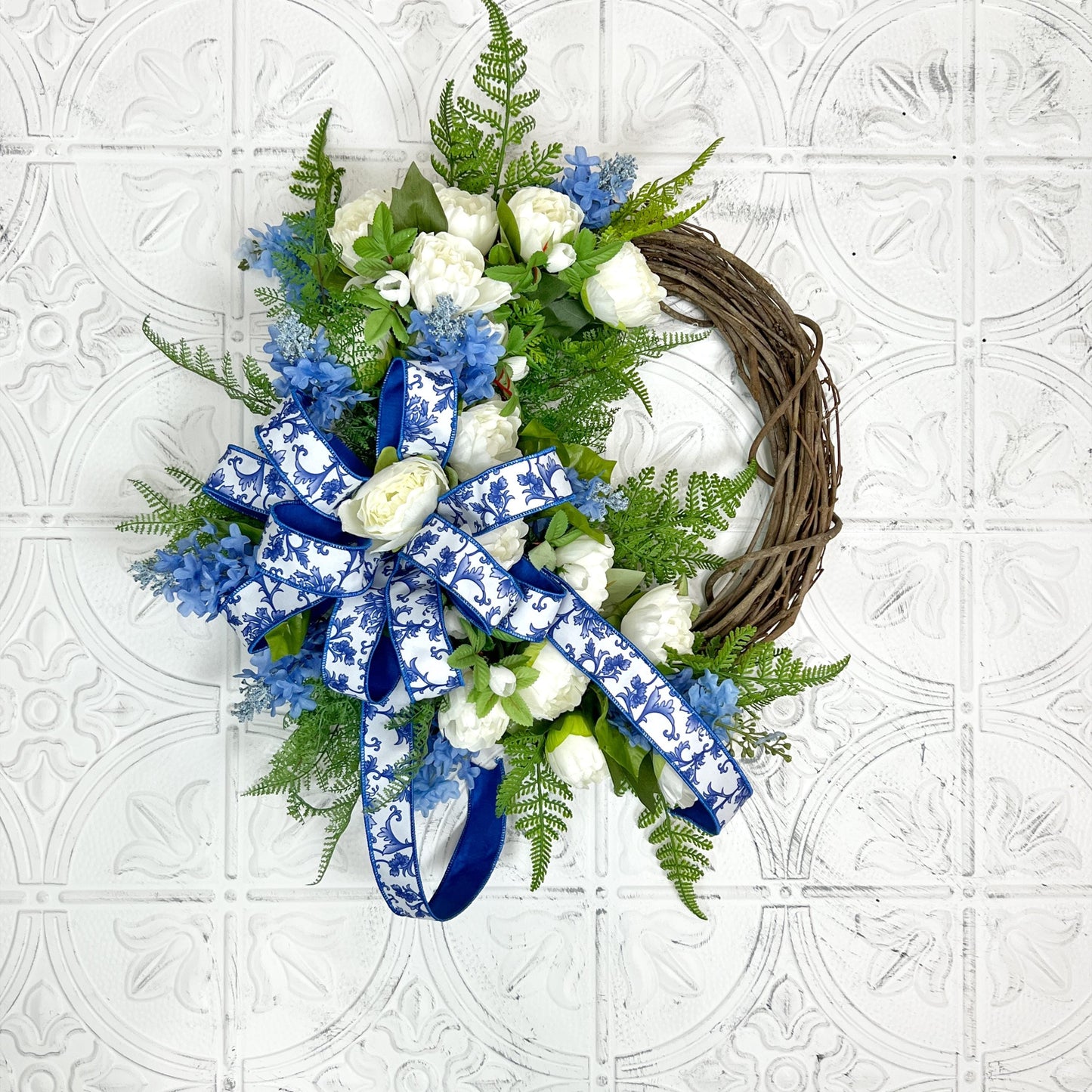 Elegant Peony and Delphinium Grapevine Wreath, Luxury Summer Wreath, Mothers Day Gift, Designer Door Decor, Chinoiserie Ribbon