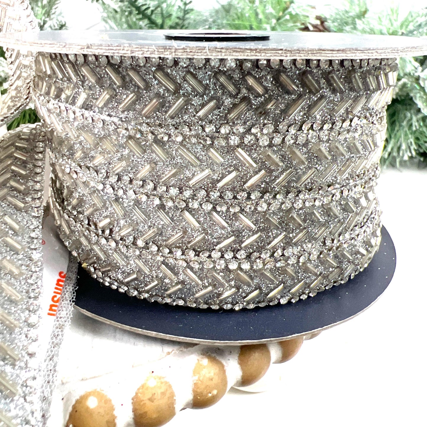 Silver Baguette Ribbon – Farrisilk Jewel Ornamate Trim | Luxe Self Adhesive Designer Accent for Elegant Decor