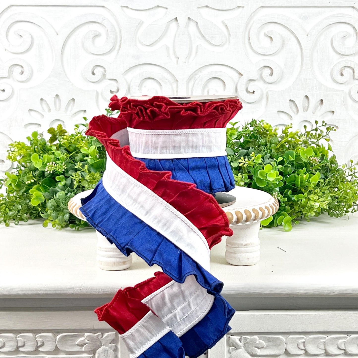 D Stevens Patriotic Ribbon, Red White and Blue Ruffle Ribbon, Dupion Patriotic Trim, Fourth of July, Memorial Day Decor