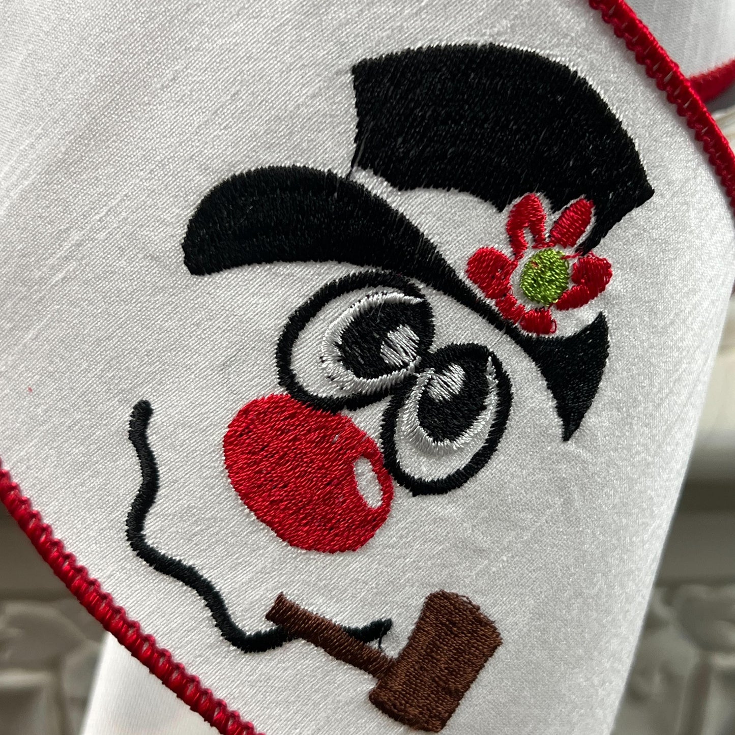 Embroidered Snowman Ribbon, Red and White Ribbon, Winter Ribbon, Christmas Ribbon, Designer Holiday Ribbon, Embroidered Holiday Ribbon