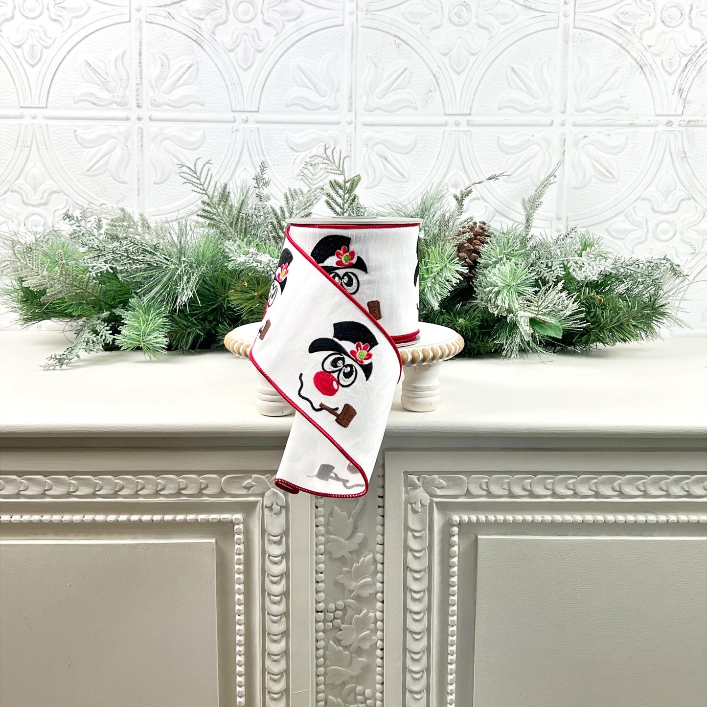 Embroidered Snowman Ribbon, Red and White Ribbon, Winter Ribbon, Christmas Ribbon, Designer Holiday Ribbon, Embroidered Holiday Ribbon