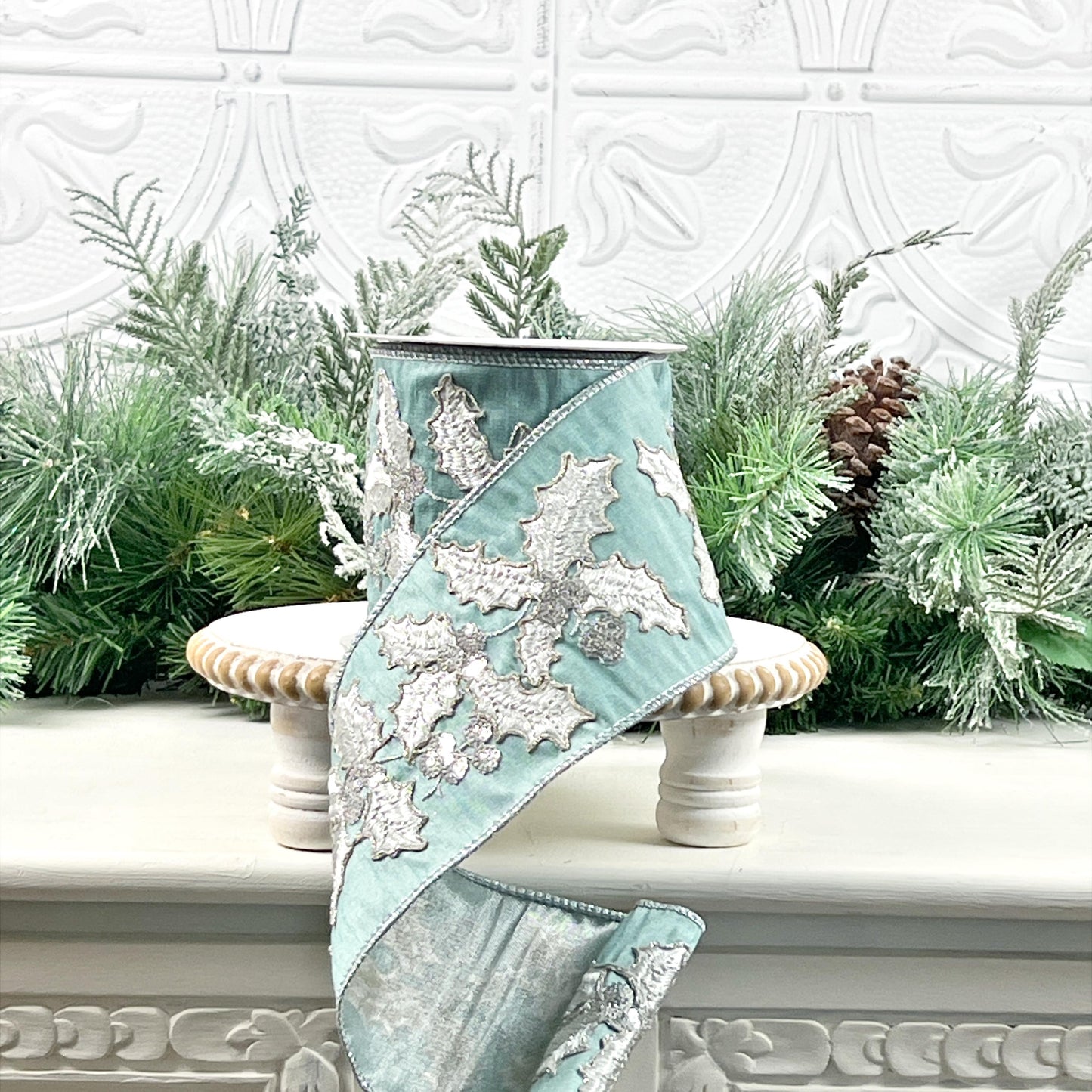 Embroidered Holly Ribbon, Aqua Holly Ribbon, Christmas Holly Ribbon, Silver Jeweled Ribbon, Designer Holiday Ribbon, Wired Christmas Ribbon