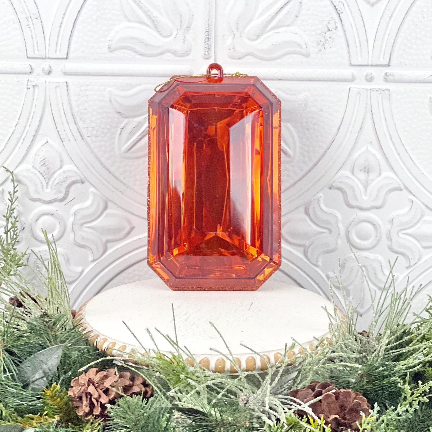 Copper Jewel Ornament, Large Orange Acrylic Ornament, Fall Halloween Ornament, Christmas Tree Decoration, Faceted Jewel Wreath Supply