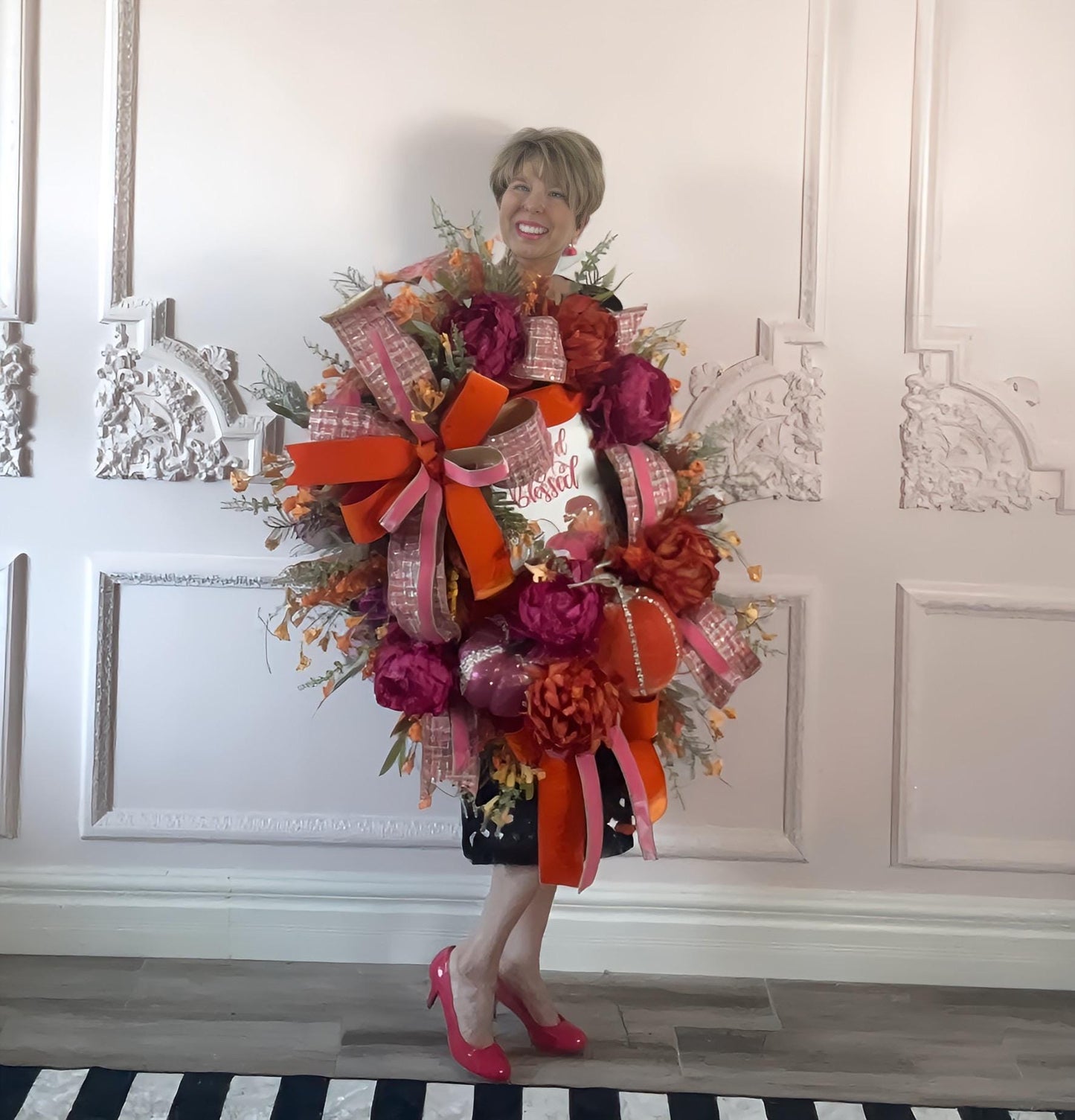 XL Fall Wreath with Jeweled Pumpkins and Designer Ribbon, Pink and Orange Fall Wreath, Bold Autumn Door Decor, BaBam Original Sign