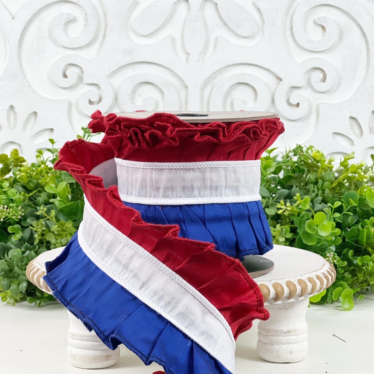 D Stevens Patriotic Ribbon, Red White and Blue Ruffle Ribbon, Dupion Patriotic Trim, Fourth of July, Memorial Day Decor
