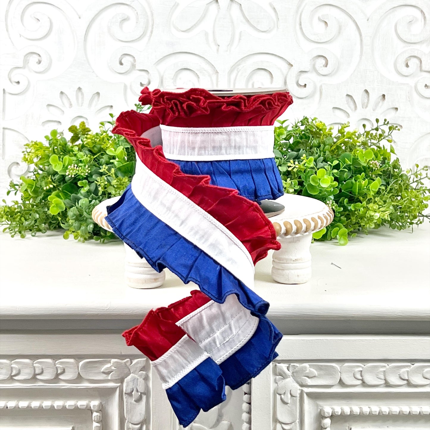 D Stevens Patriotic Ribbon, Red White and Blue Ruffle Ribbon, Dupion Patriotic Trim, Fourth of July, Memorial Day Decor