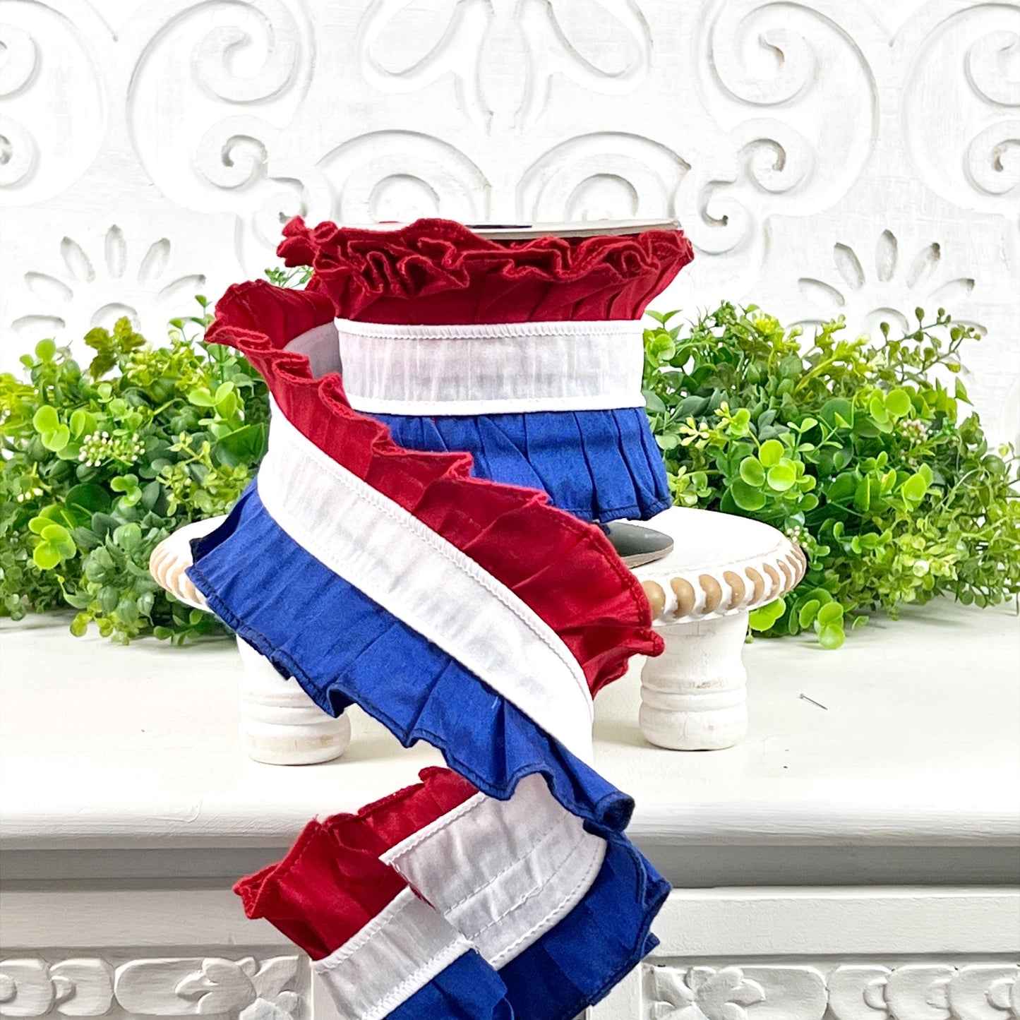 D Stevens Patriotic Ribbon, Red White and Blue Ruffle Ribbon, Dupion Patriotic Trim, Fourth of July, Memorial Day Decor