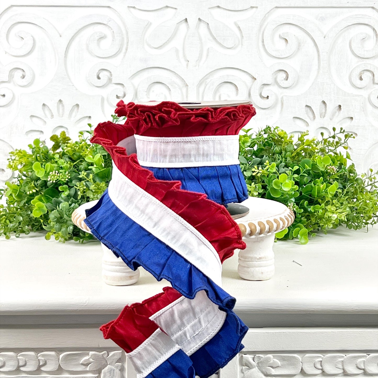 D Stevens Patriotic Ribbon, Red White and Blue Ruffle Ribbon, Dupion Patriotic Trim, Fourth of July, Memorial Day Decor