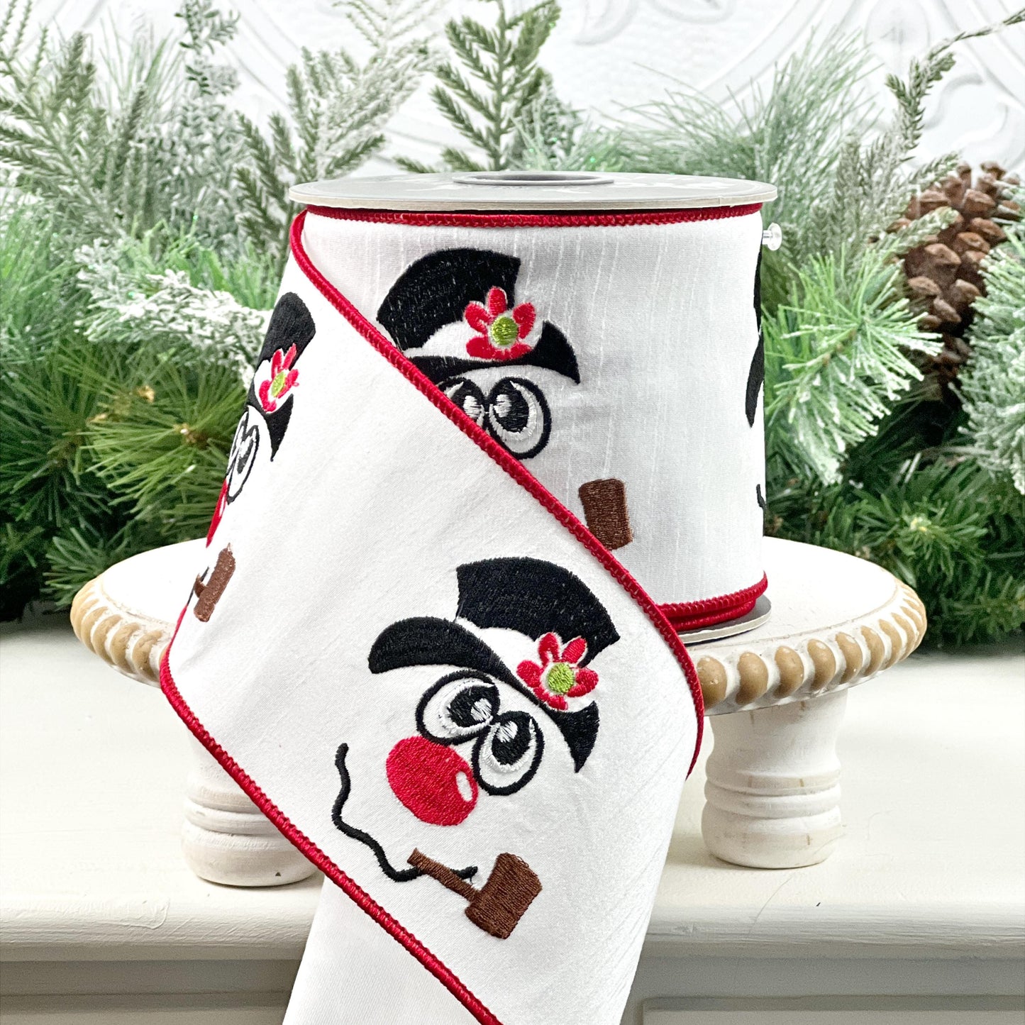 Embroidered Snowman Ribbon, Red and White Ribbon, Winter Ribbon, Christmas Ribbon, Designer Holiday Ribbon, Embroidered Holiday Ribbon
