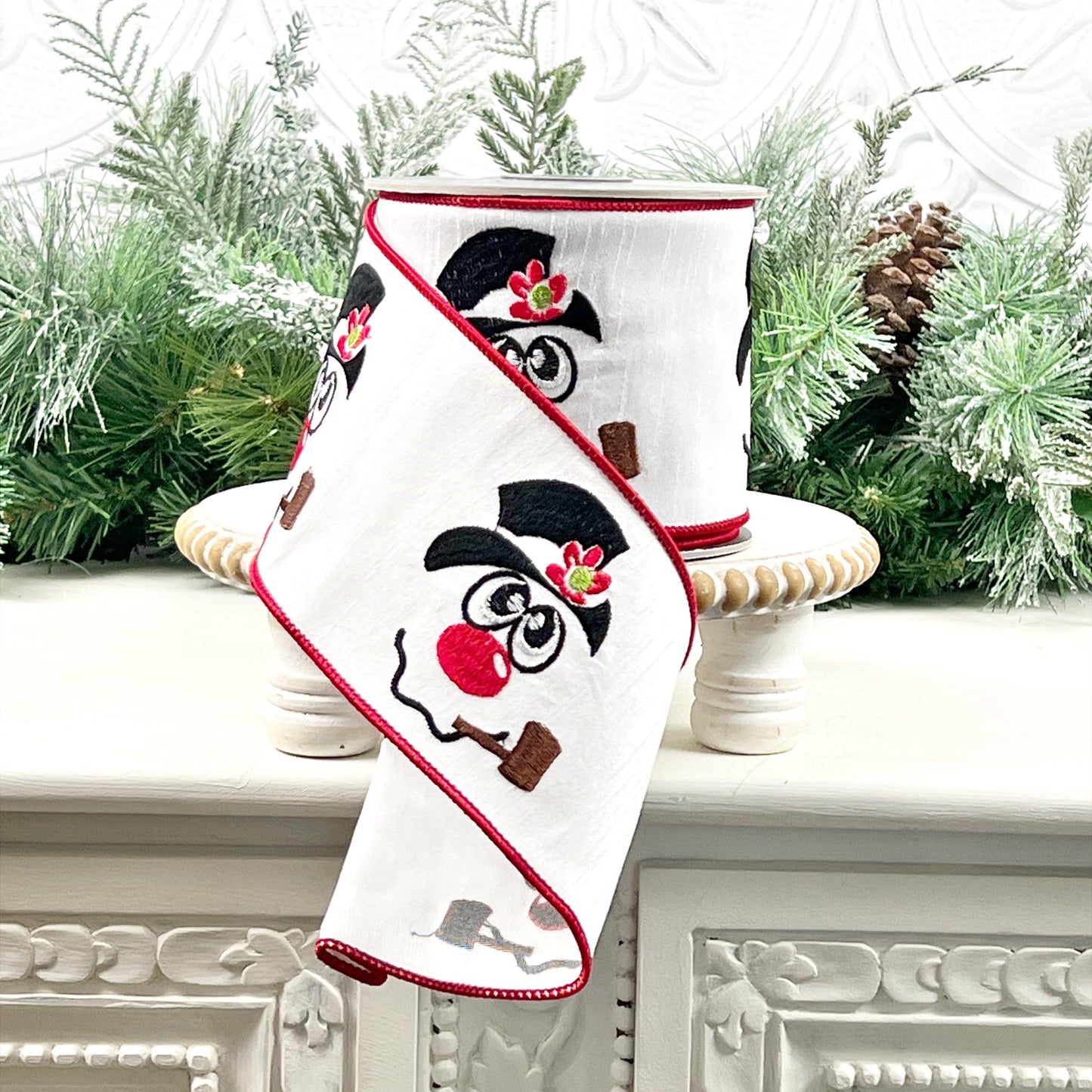 Embroidered Snowman Ribbon, Red and White Ribbon, Winter Ribbon, Christmas Ribbon, Designer Holiday Ribbon, Embroidered Holiday Ribbon