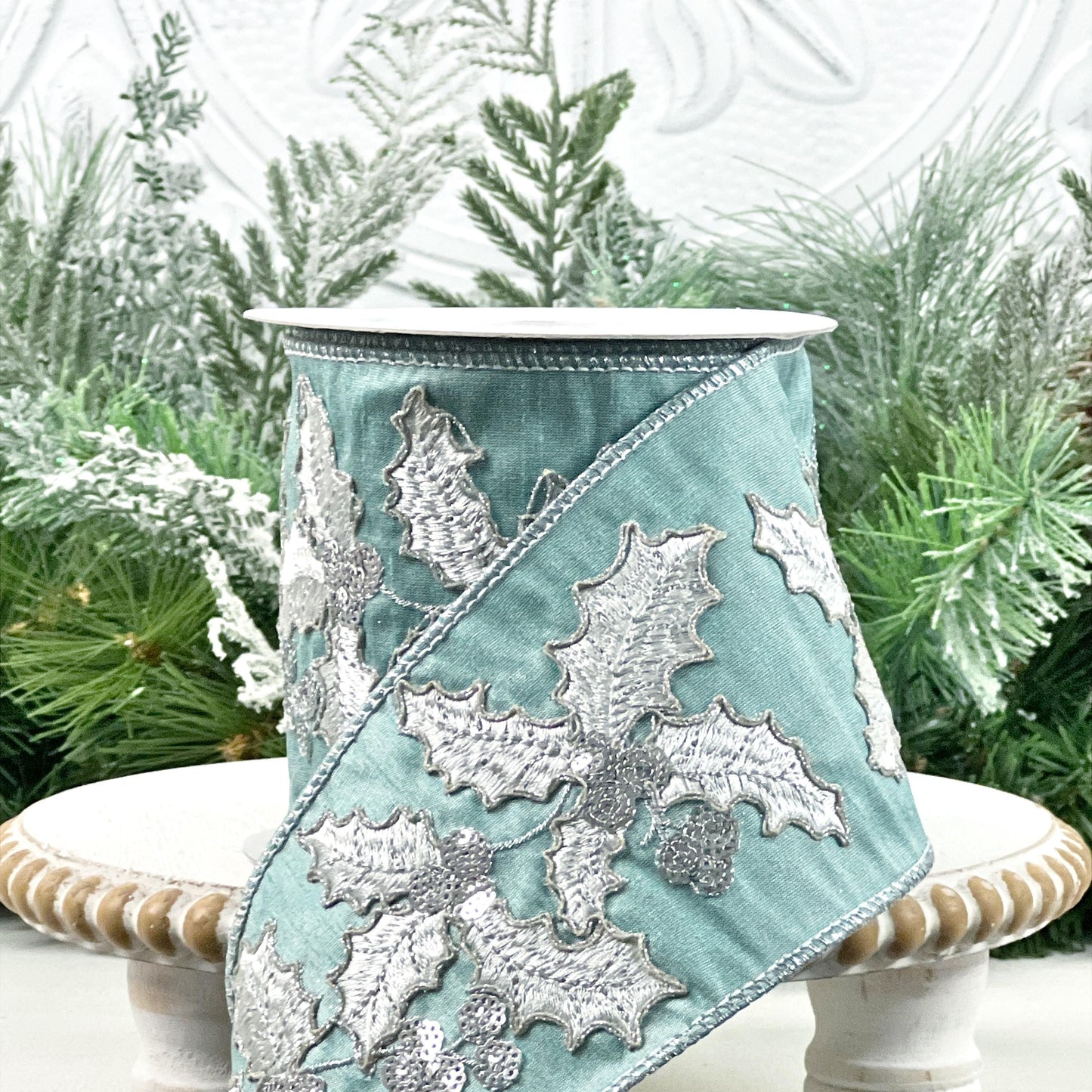 Embroidered Holly Ribbon, Aqua Holly Ribbon, Christmas Holly Ribbon, Silver Jeweled Ribbon, Designer Holiday Ribbon, Wired Christmas Ribbon