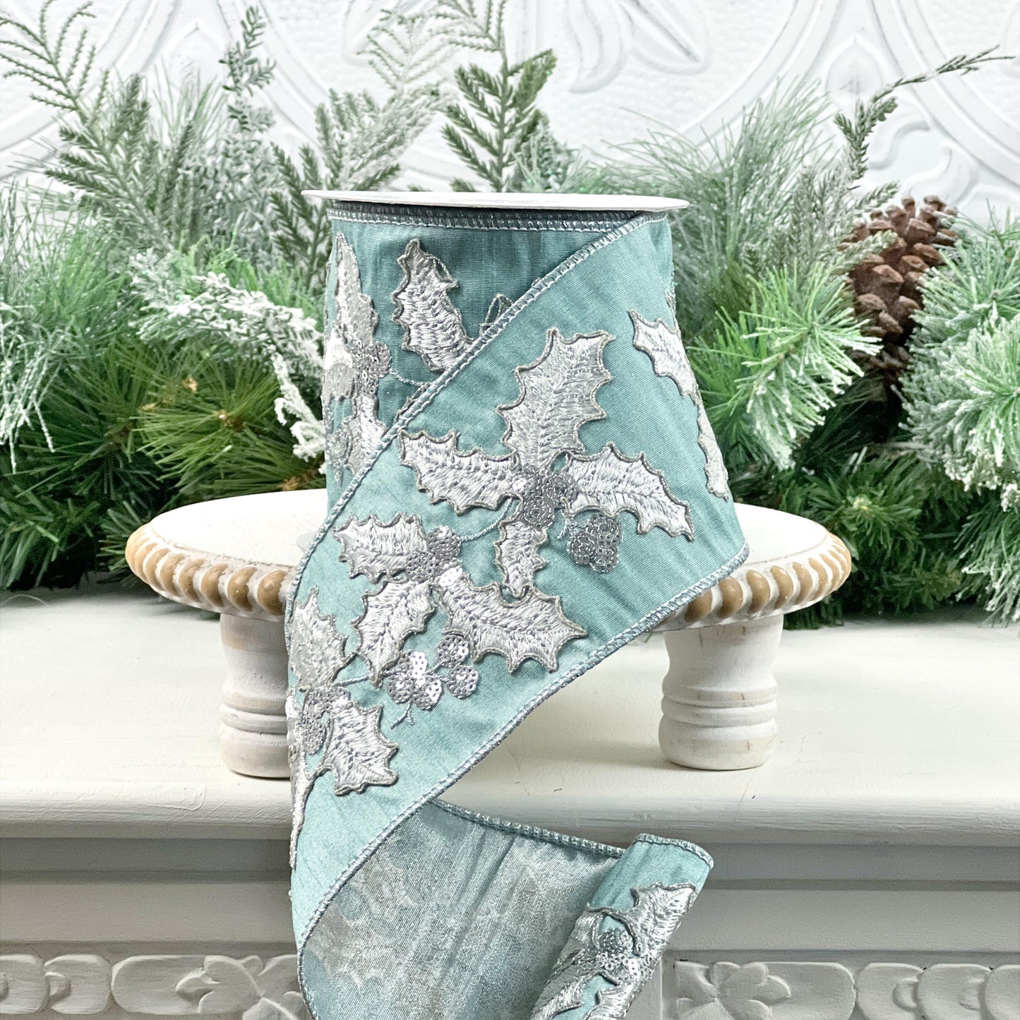 Embroidered Holly Ribbon, Aqua Holly Ribbon, Christmas Holly Ribbon, Silver Jeweled Ribbon, Designer Holiday Ribbon, Wired Christmas Ribbon