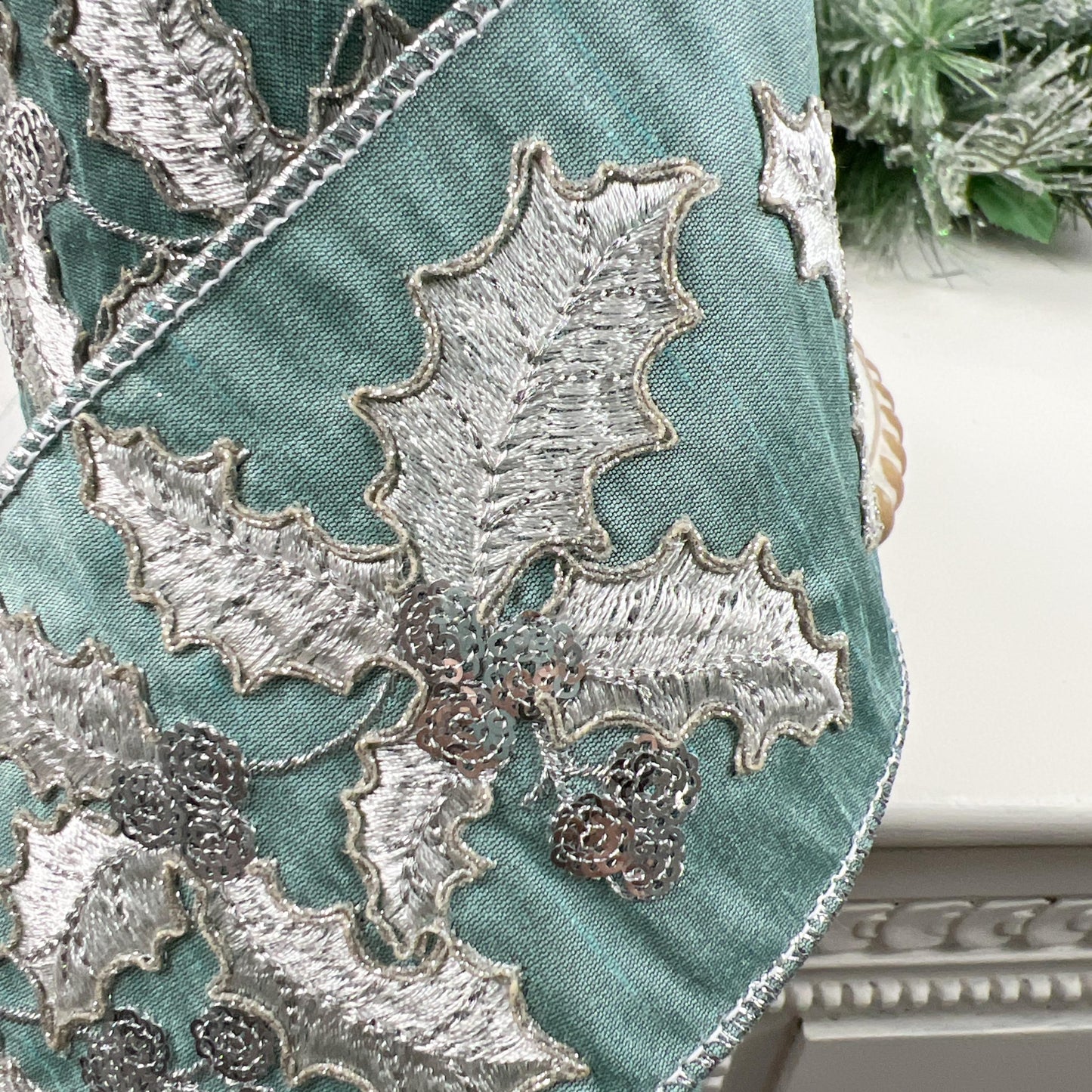 Embroidered Holly Ribbon, Aqua Holly Ribbon, Christmas Holly Ribbon, Silver Jeweled Ribbon, Designer Holiday Ribbon, Wired Christmas Ribbon