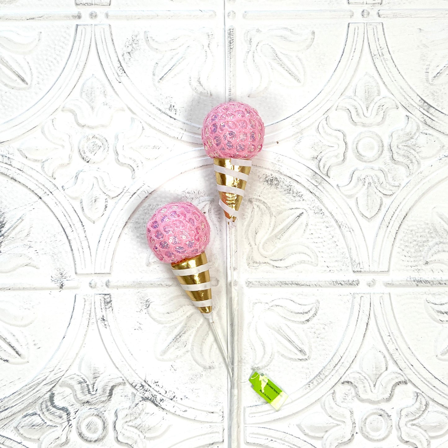 Pink Ice Cream Cone Spray | 24" Gold & Pink Wreath Pick | Sweet Treat Accent for Holiday, Birthday, or Whimsical Decor |Fake Candy|
