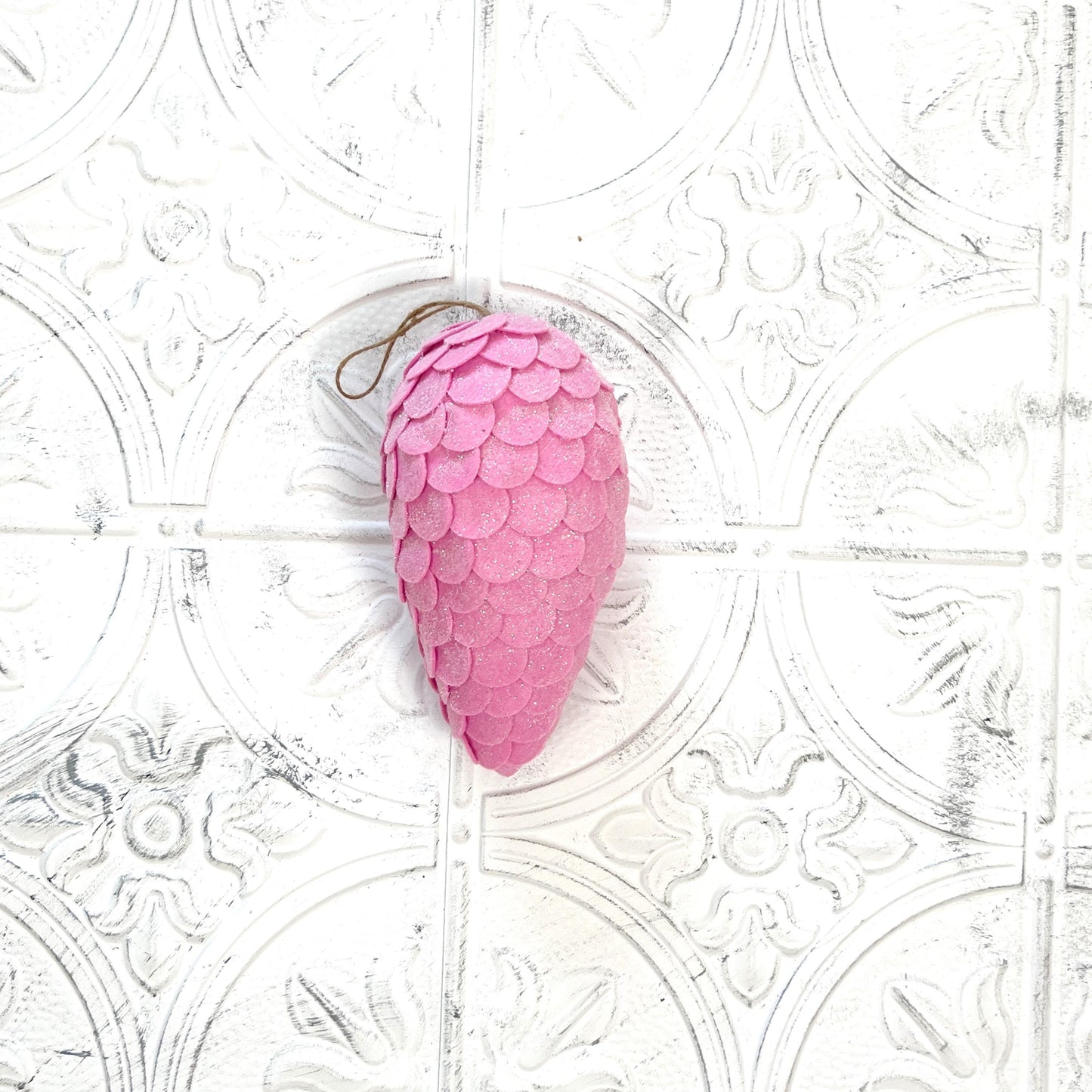 Pink Felt Pinecone Ornament, 9" Glittered Holiday Wreath Accent, Soft Christmas Pinecone for DIY, Floral, or Home Decor,