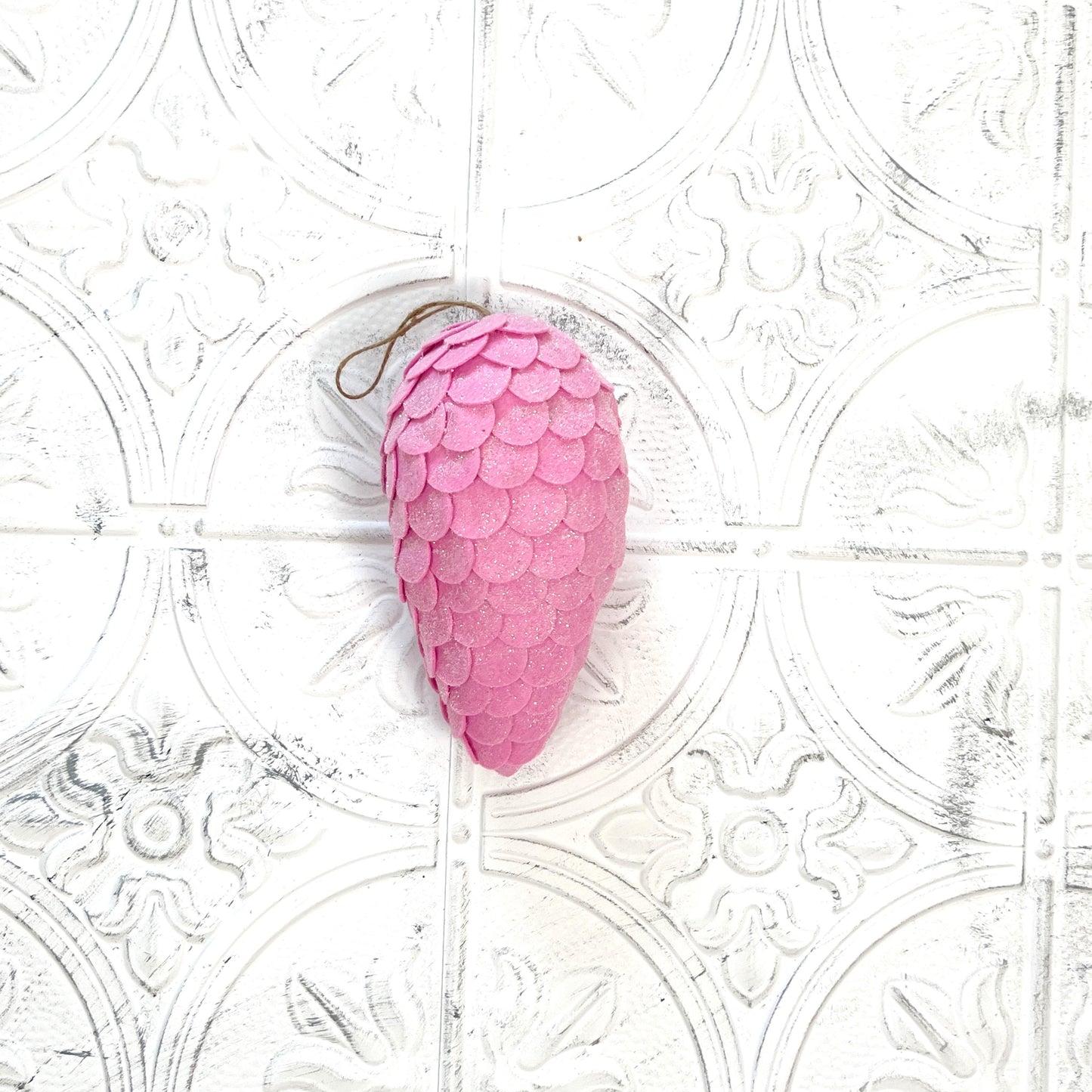 Pink Felt Pinecone Ornament, 9" Glittered Holiday Wreath Accent, Soft Christmas Pinecone for DIY, Floral, or Home Decor,