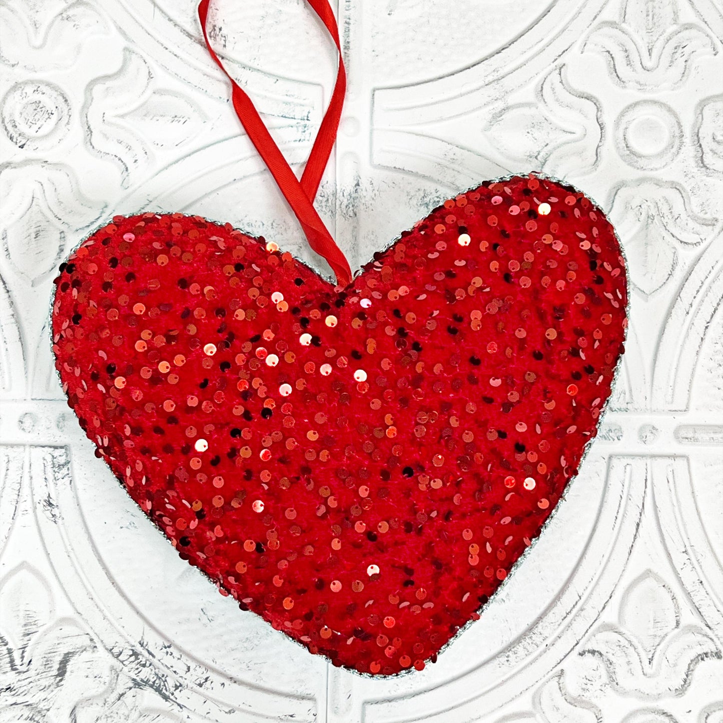 Red Sequin Heart Ornament – Sparkly Valentine’s Day Decor for Wreaths, Arrangements, or DIY Crafts, Valentine Heart Ornament,
