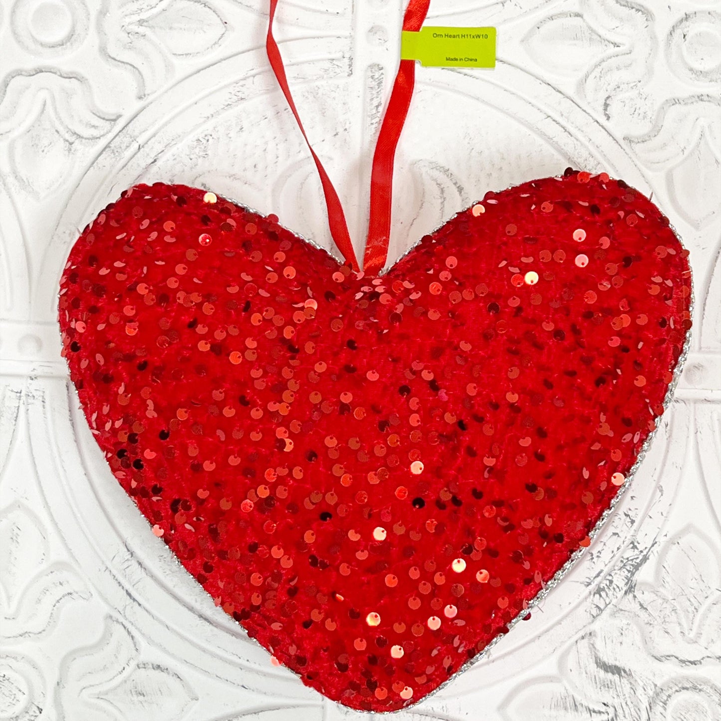 Red Sequin Heart Ornament – Sparkly Valentine’s Day Decor for Wreaths, Arrangements, or DIY Crafts, Valentine Heart Ornament,