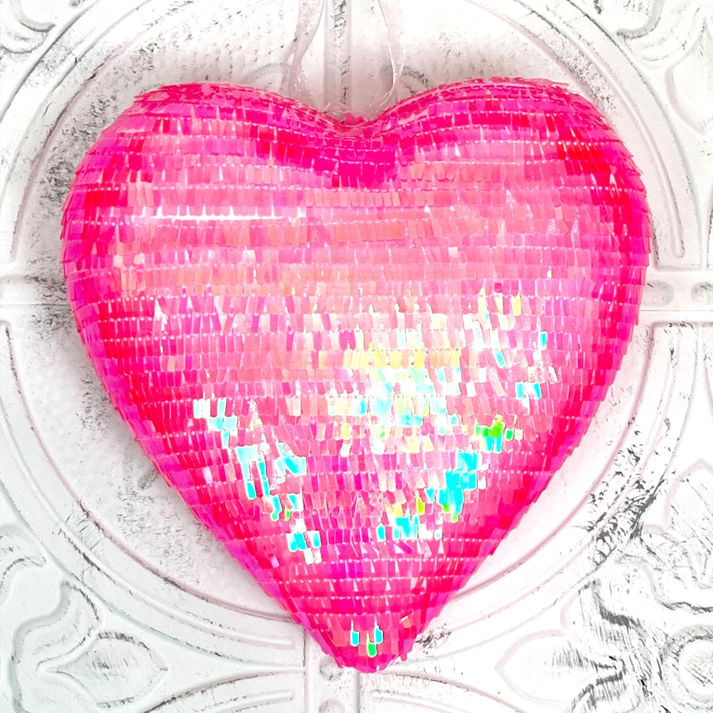 Pink Sequin Heart Ornament – 9" Wreath Embellishment, Valentine's Day Decor, DIY Craft Supply, Shimmer Heart Accent for Wreaths & Florals