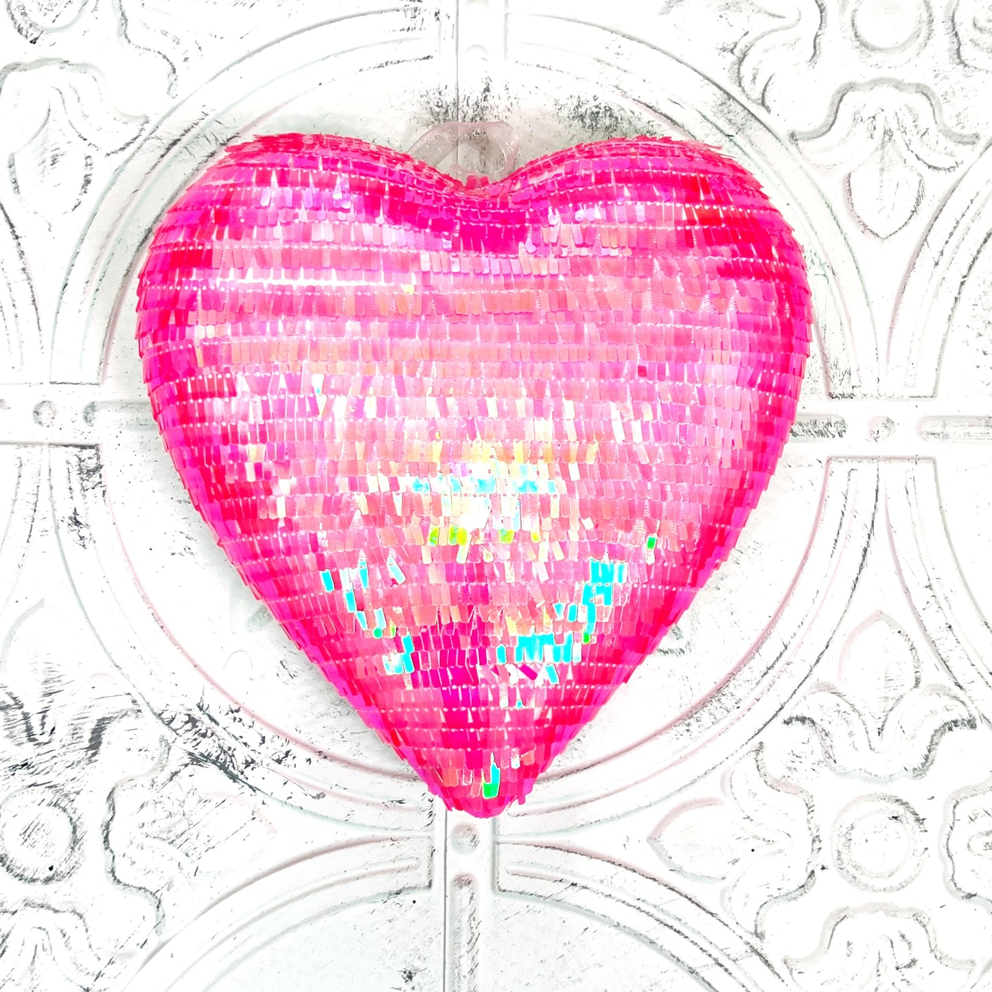 Pink Sequin Heart Ornament – 9" Wreath Embellishment, Valentine's Day Decor, DIY Craft Supply, Shimmer Heart Accent for Wreaths & Florals