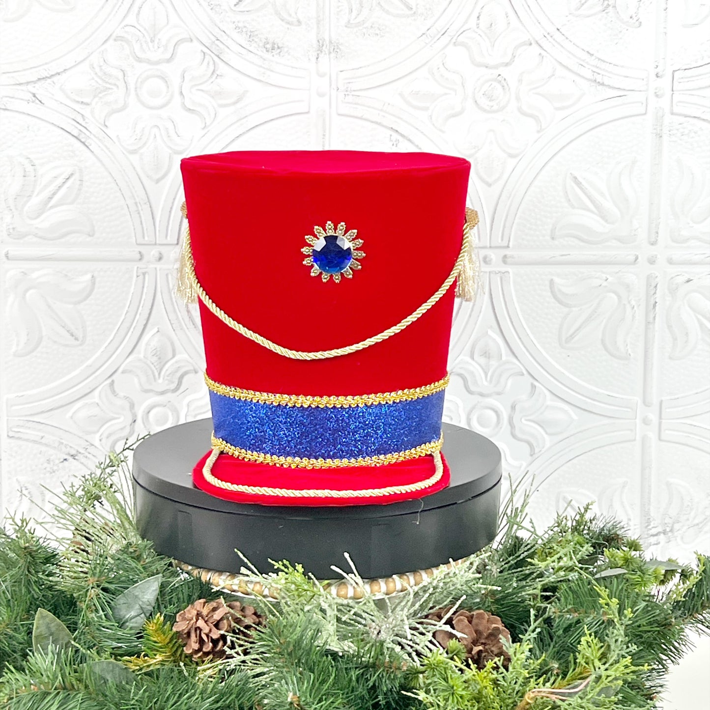 Red Velvet Nutcracker Hat Tree Topper with Blue Glitter Band & Gold Trim, Nutcracker Hat for Wreath, Nutcracker Decor, Red Nutcracker Hat