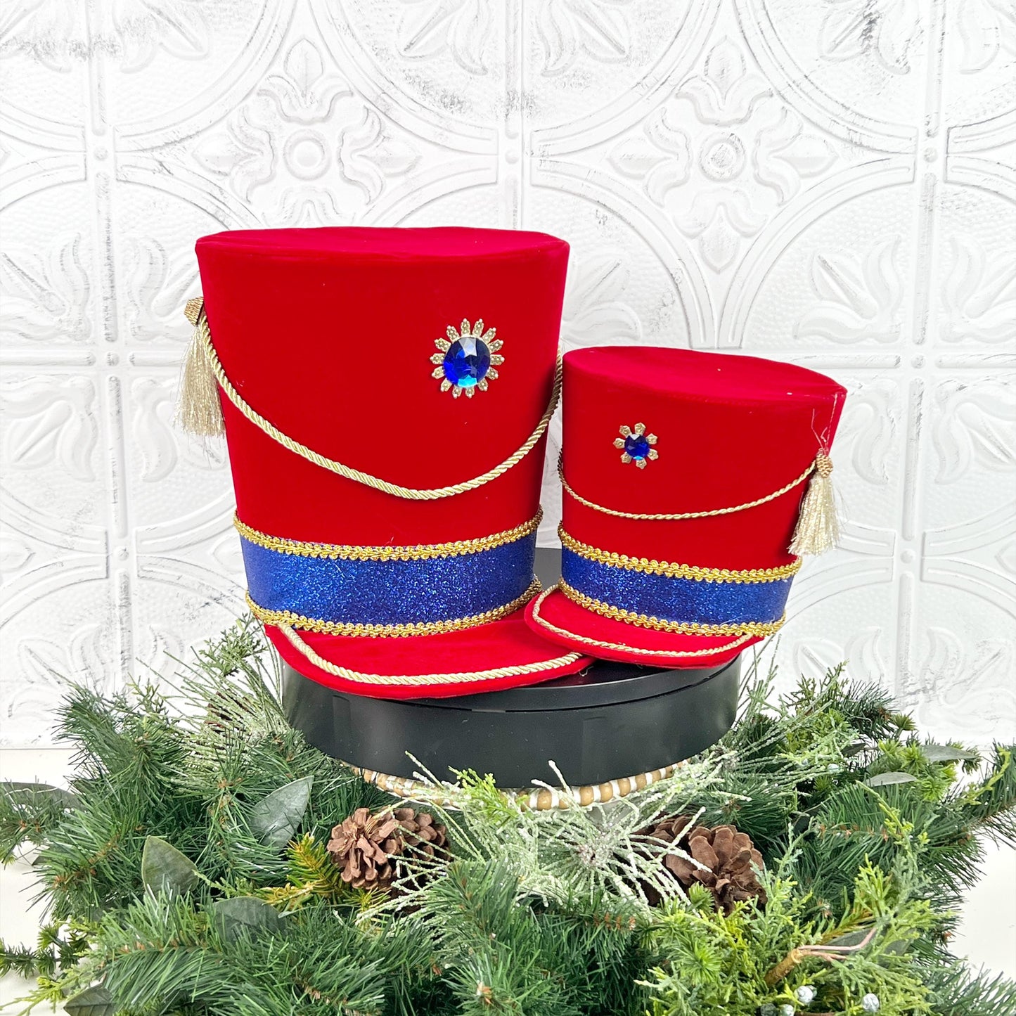 Red Velvet Nutcracker Hat Tree Topper with Blue Glitter Band & Gold Trim, Nutcracker Hat for Wreath, Nutcracker Decor, Red Nutcracker Hat