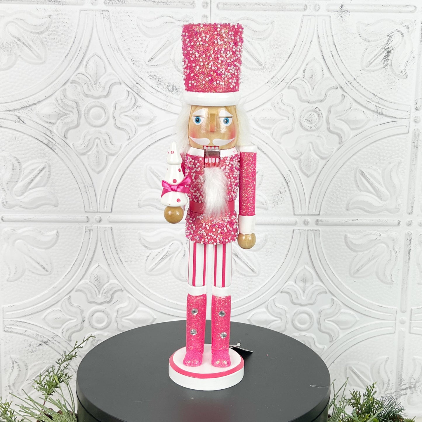 Pink Glitter Nutcracker with Pearls – Elegant Christmas Decor for Mantel, Shelf, Centerpiece, or Nutcracker Tree – Light or Dark Pink Option