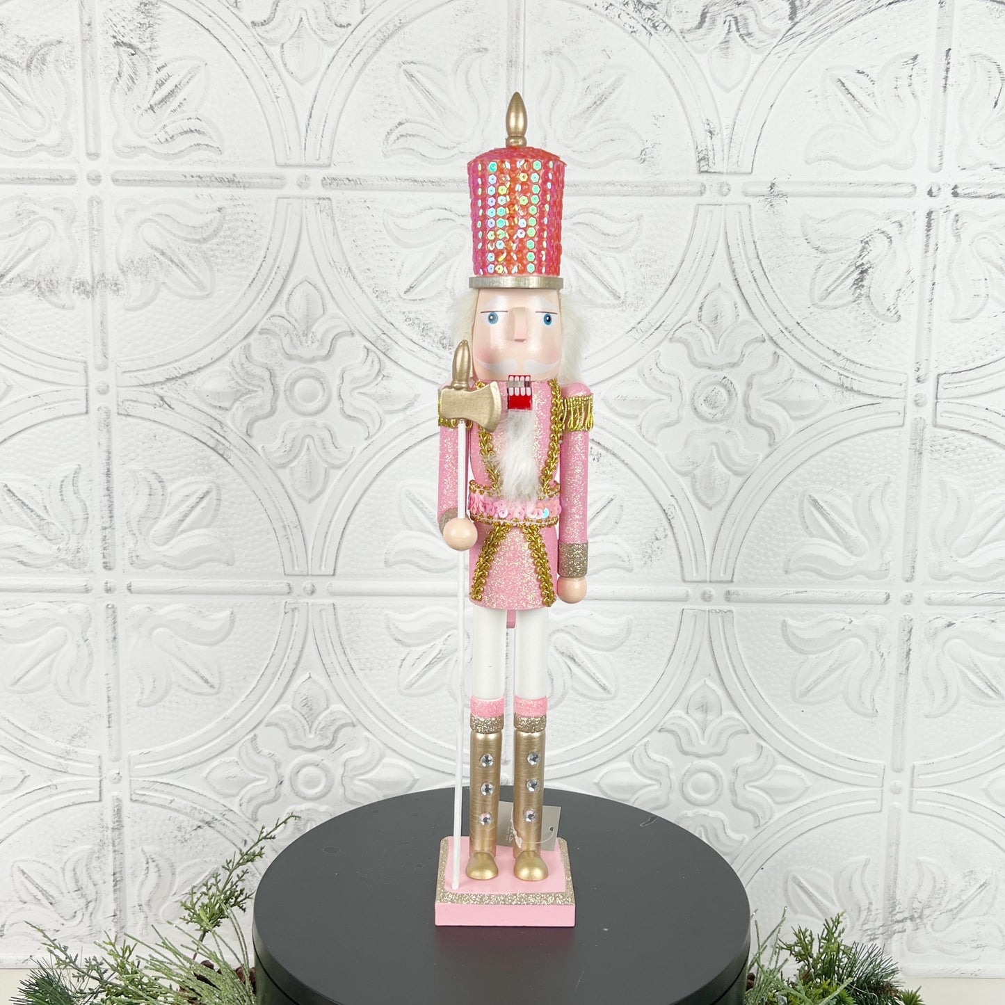 Pink Sequin Nutcracker with Glitter, Rhinestone Boots & Gold Trim – Elegant Christmas Decor in Light or Dark Pink for Holiday Displays