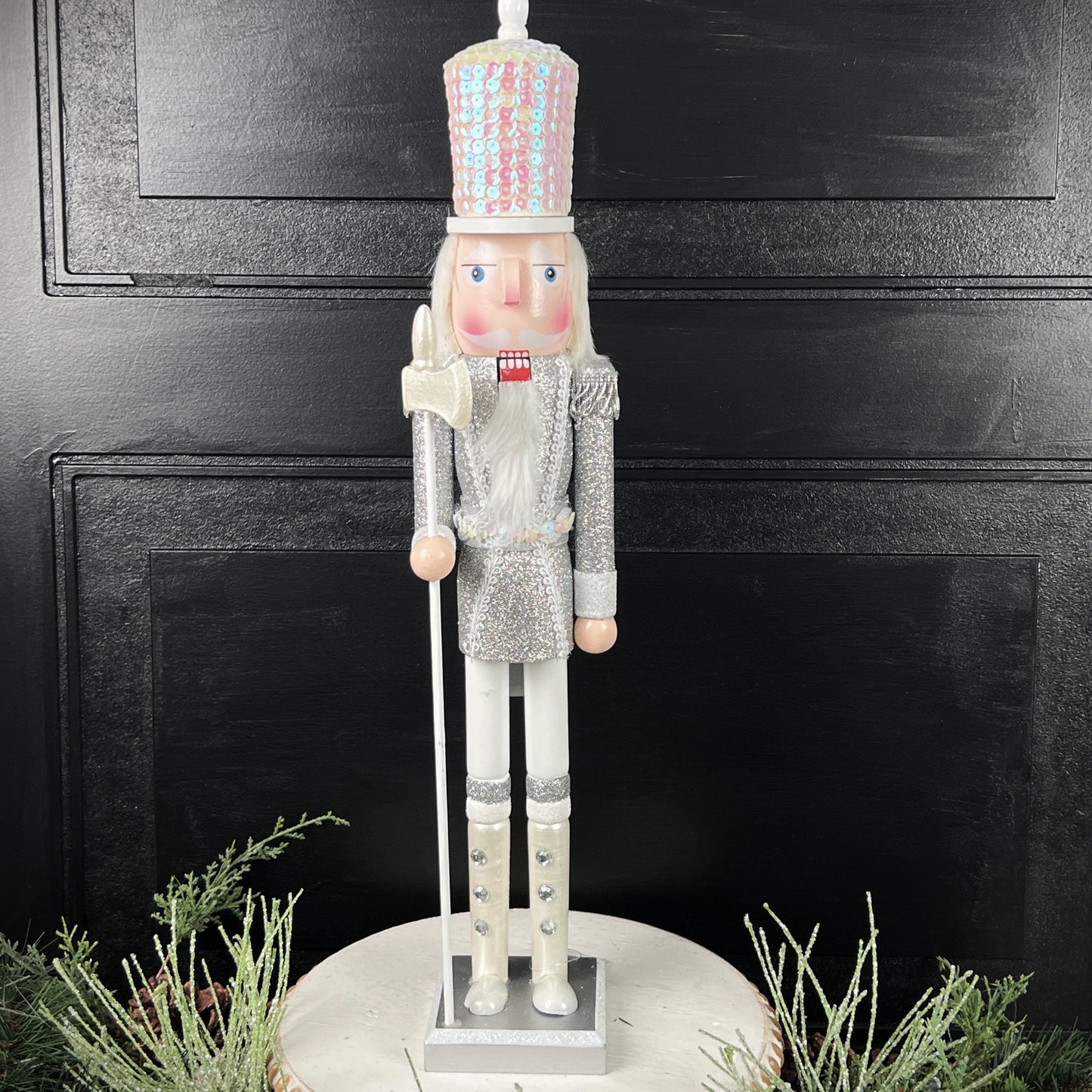 White and Silver Nutcracker, Elegant Winter Holiday Decor for Mantels, Centerpieces, or Christmas , Nutcracker Figure, Sequin Nutcracker