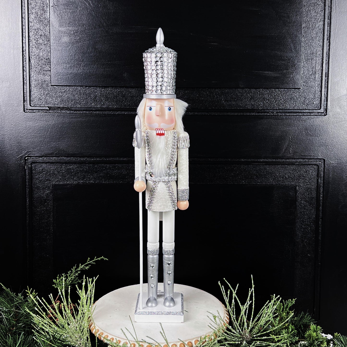 White and Silver Nutcracker, Elegant Winter Holiday Decor for Mantels, Centerpieces, or Christmas , Nutcracker Figure, Sequin Nutcracker
